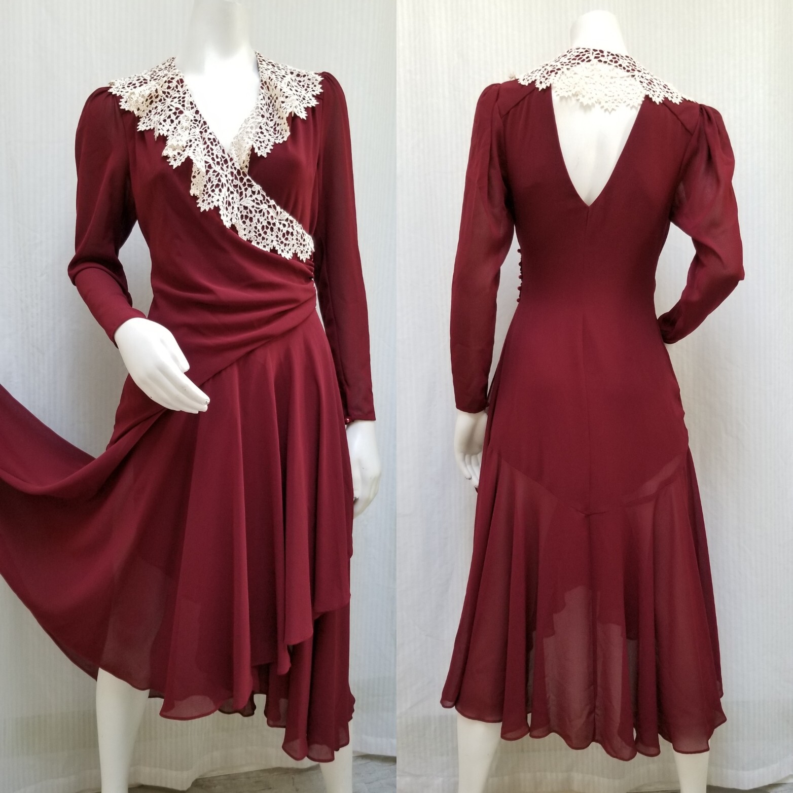 Vintage CASADEI Burgundy Chiffon Wrap Dress w/ Crochet Trim – Size S – EUC