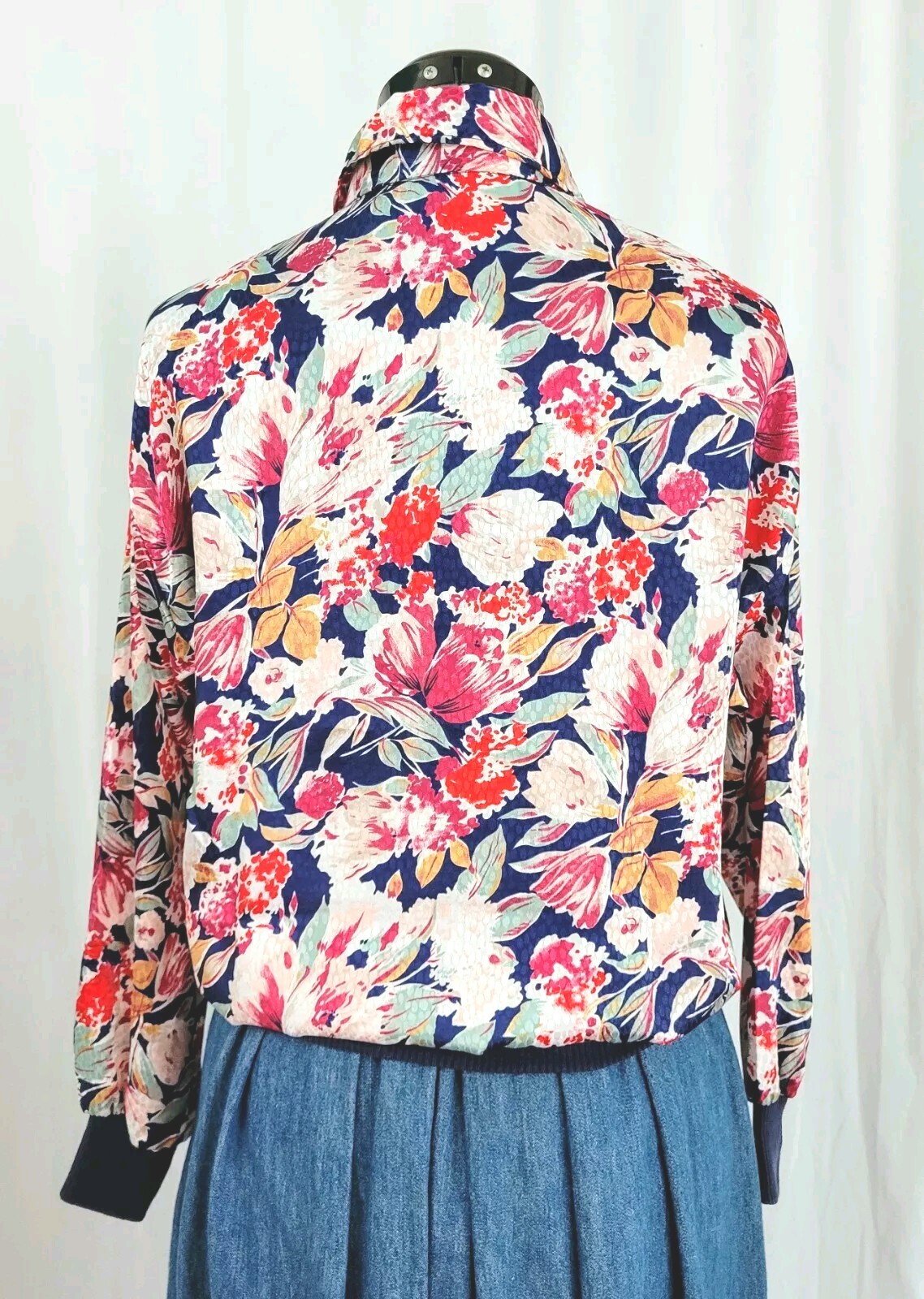 Vintage Jeri Marque Floral on Navy Blouse w Knit Cuffs & Waistband Sz M/L?