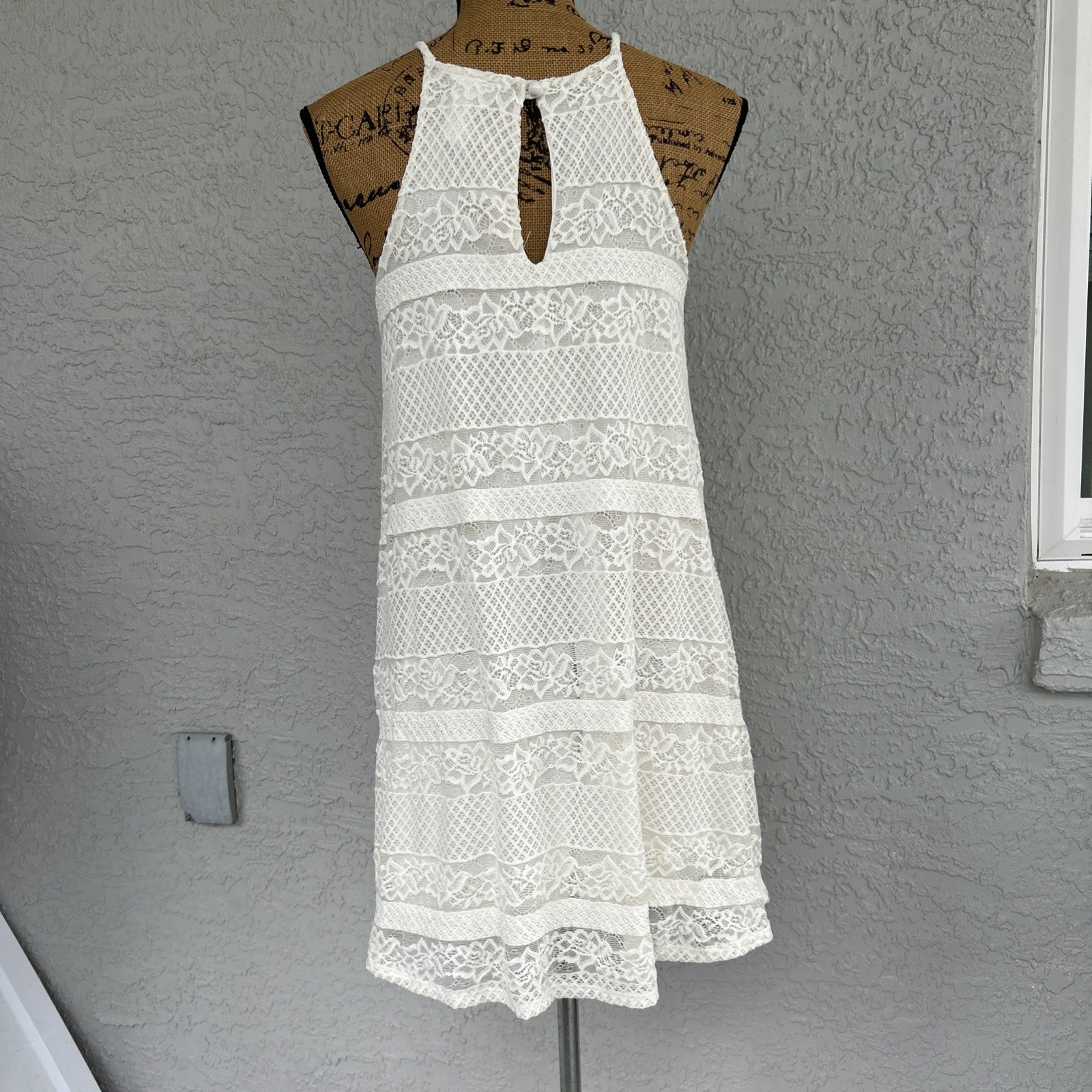 Vtg Wild Daisy Swing Dress Medium Ivory Lace Overlay Trapeze Made in USA