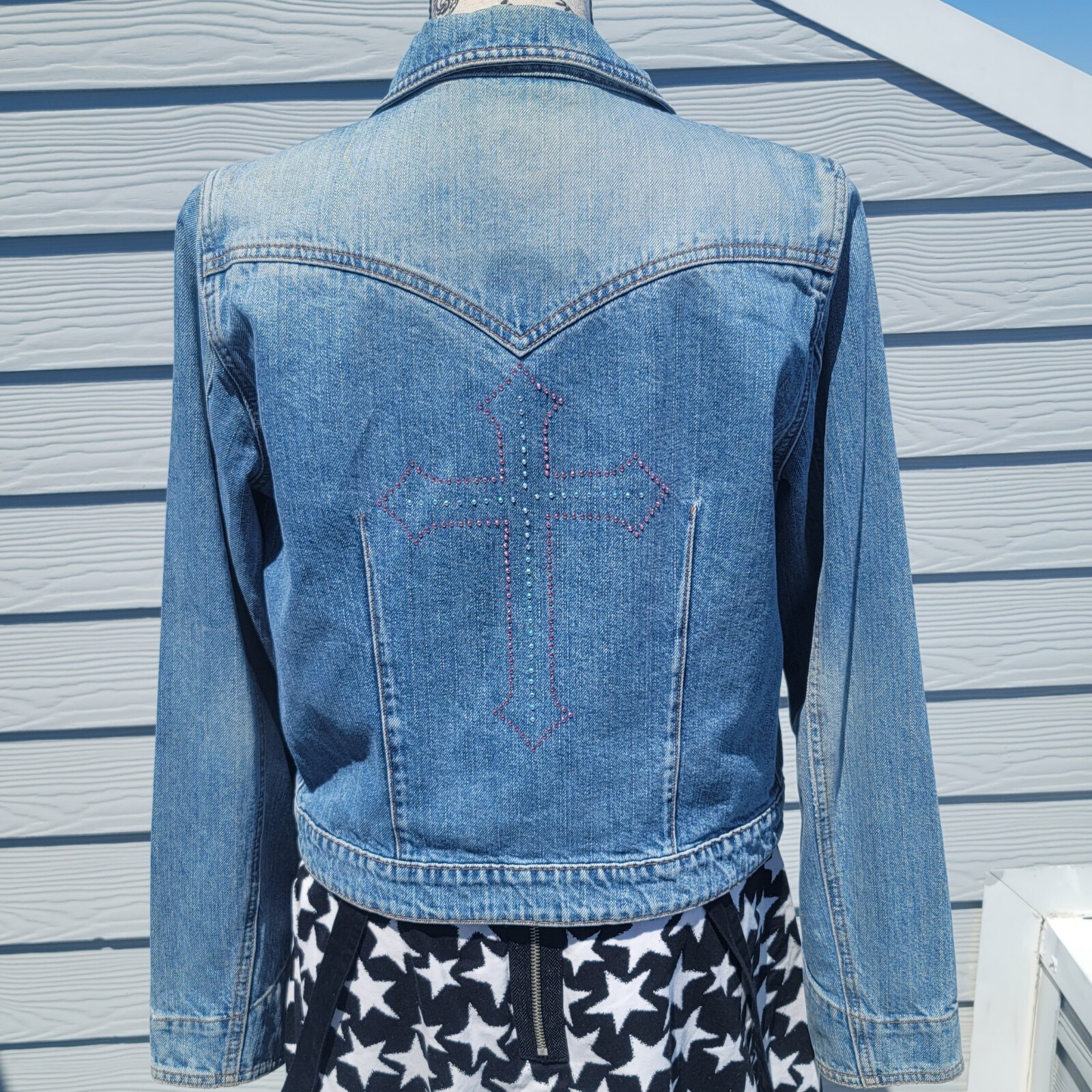 Vintage Y2K Upcycled Redone Custom Bling Gothic Cross Western Jean Jacket Medium