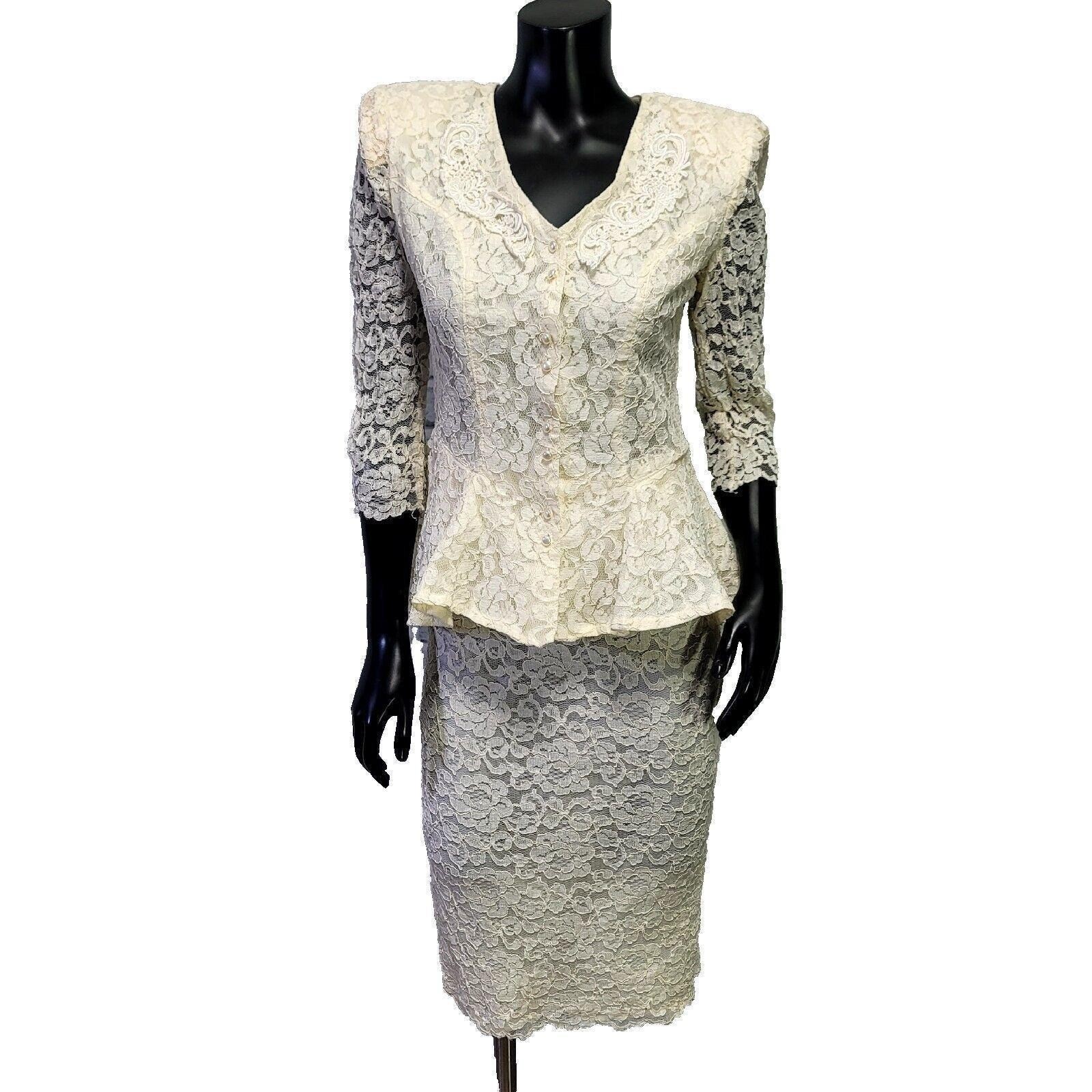 Vintage 80s Termeh NY S Ivory Lace Peplum Skirt Suit Set Bridal Jackie O