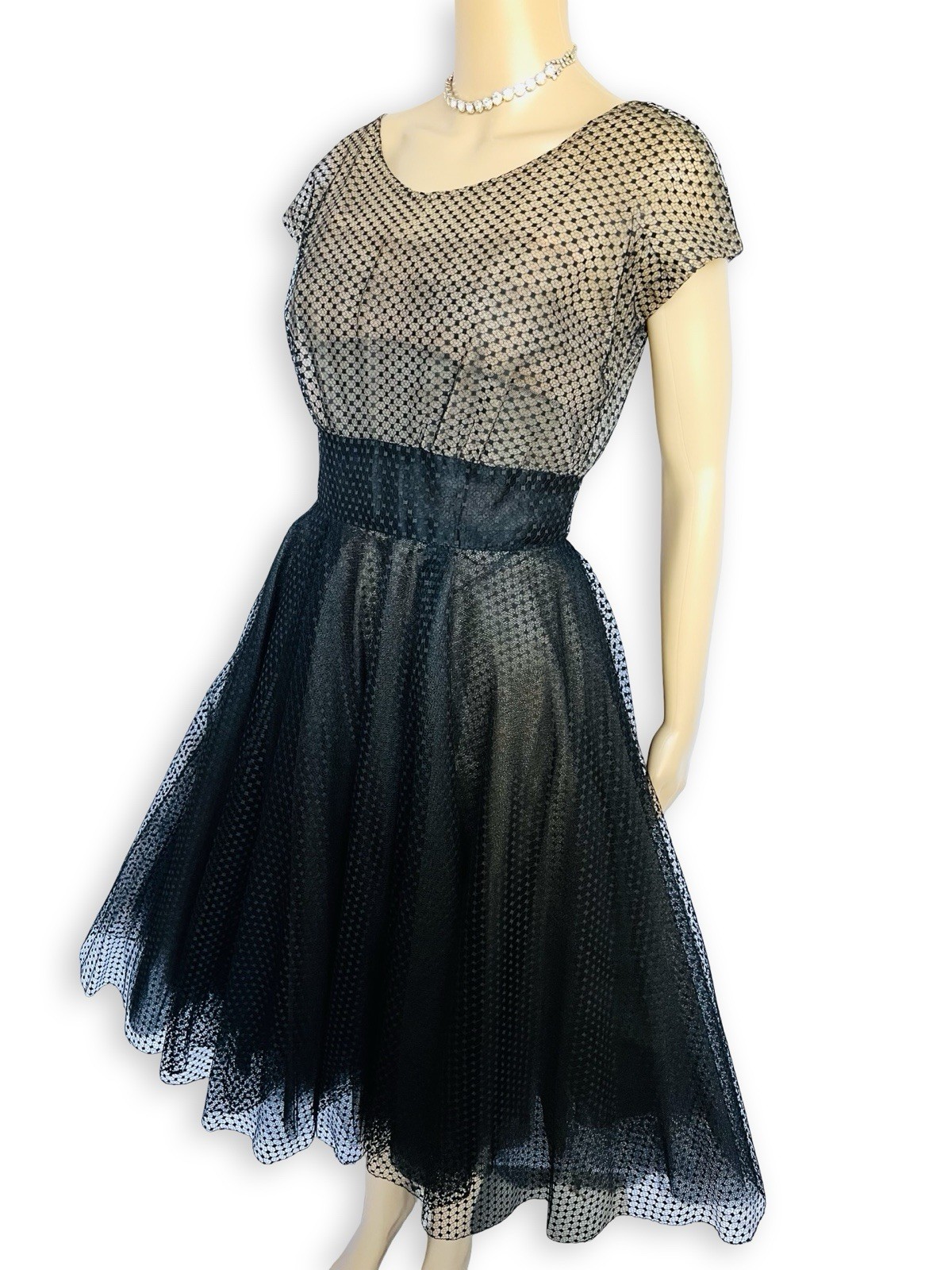 Vintage Nettie Rosenstein Bonwit Teller 1950s Nude Illusion Black Tulle Dress