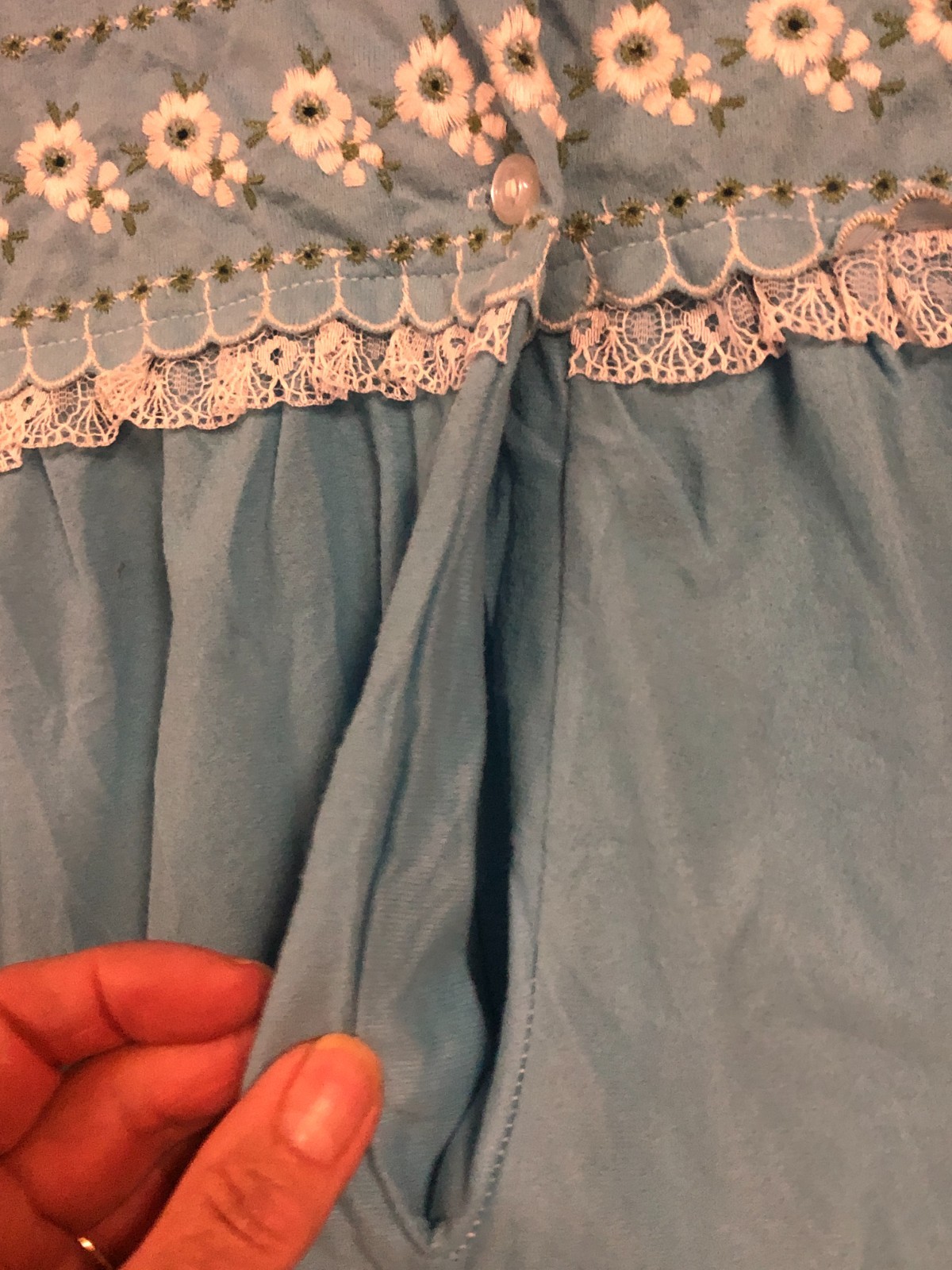 Vintage 70s Blue Pajama Set M Acetate Nylon Lace Smocked Floral NOS USA