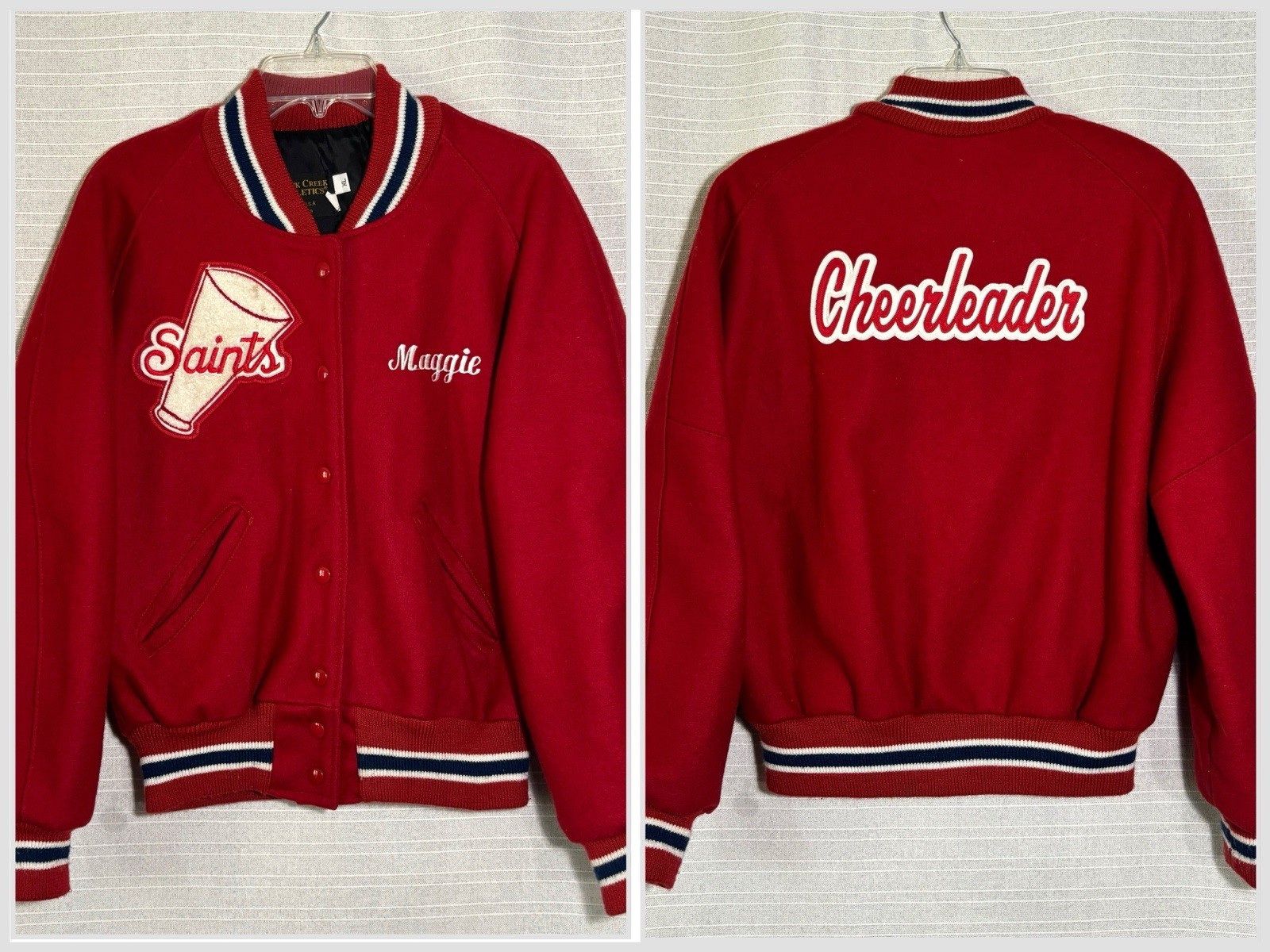 Vintage Varsity Cheerleader Jacket Rock Creek Athletics XL Youth Red Wool Saints