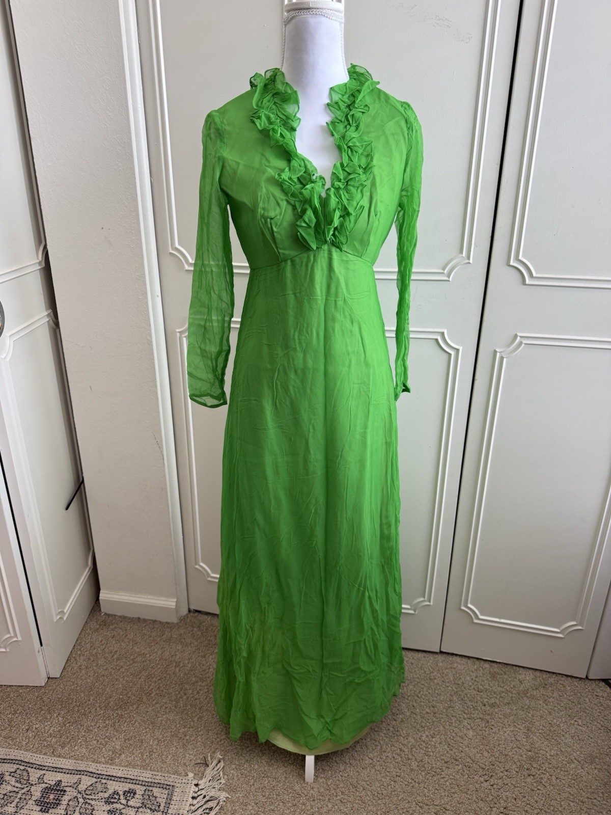 Vintage 70s Lorrie Deb San Francisco Green Ruffle Maxi Dress – Size 7/8