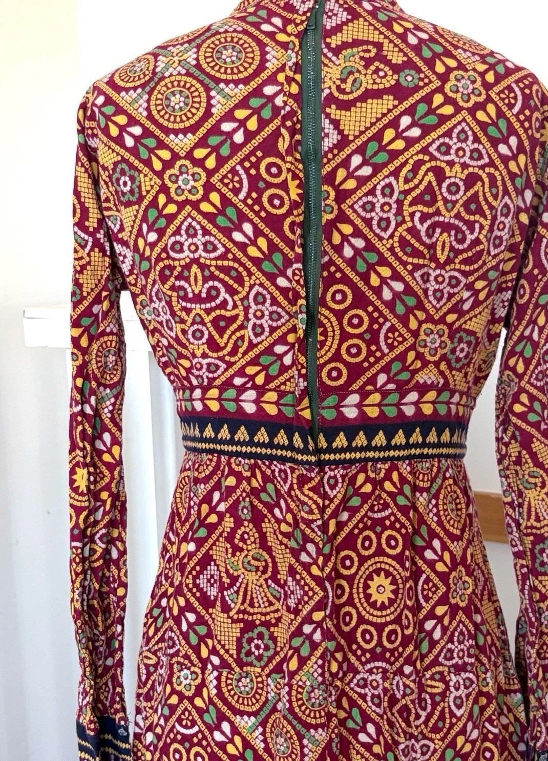 60s 70s Artisan Printed Pakistani Cotton Boho Hippie Empire Waist Maxi Dress XS