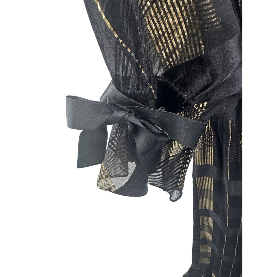 Hanae Mori Paris Vintage Silk Black Gold Metallic Off Shoulder Ruffle Dress 12