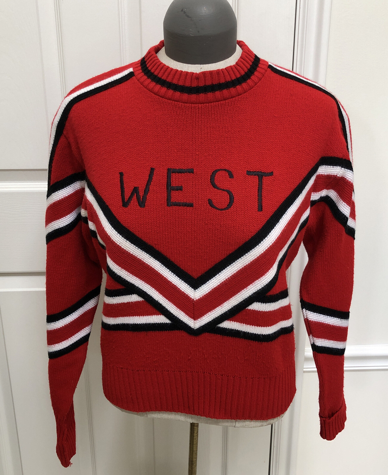 School Cheer Sweater Embroidered WEST Red Knit Gary White Co. USA Sz M VTG