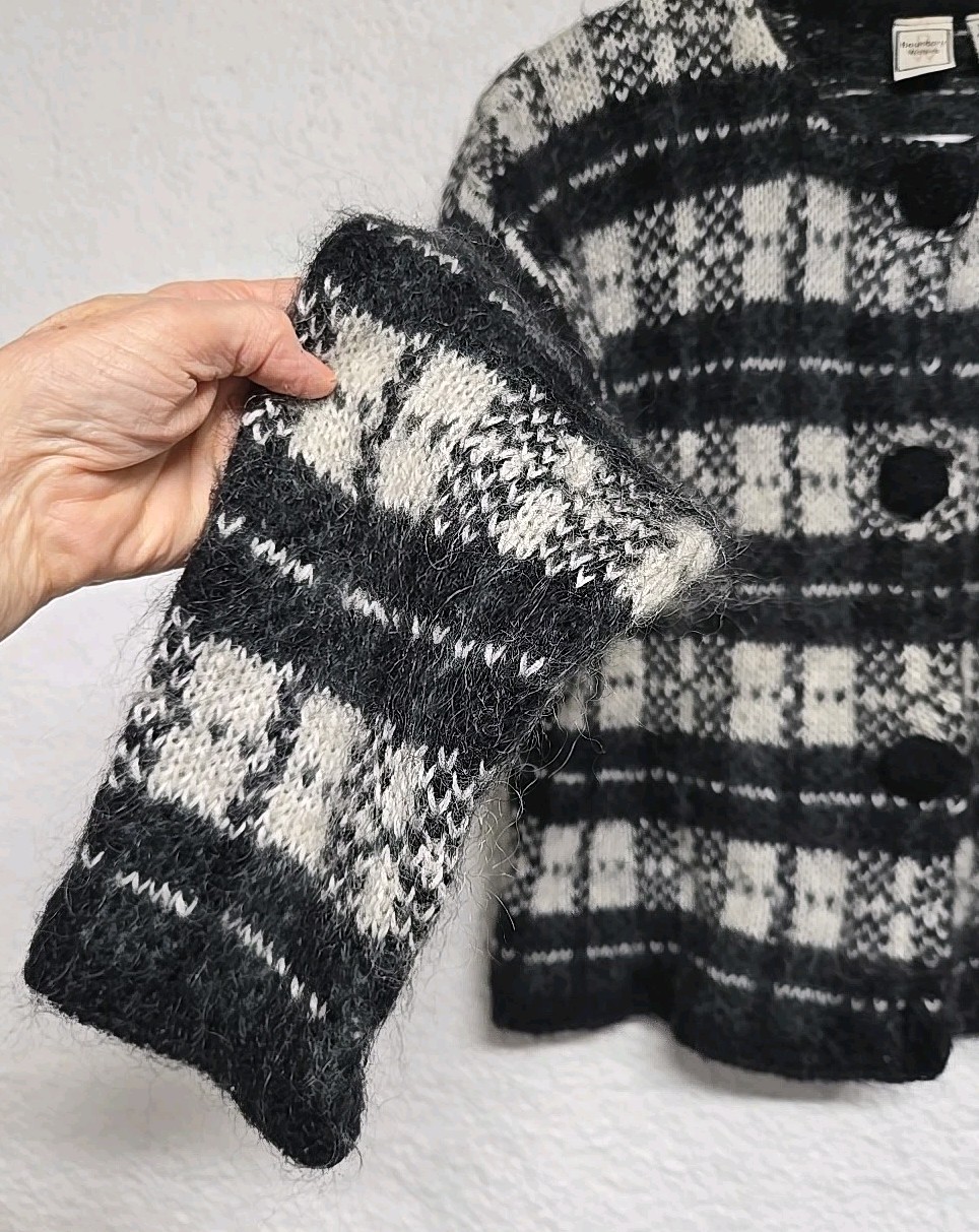 Vintage Boundary Waters Mohair Black White Striped Houndstooth Buttons Sweater