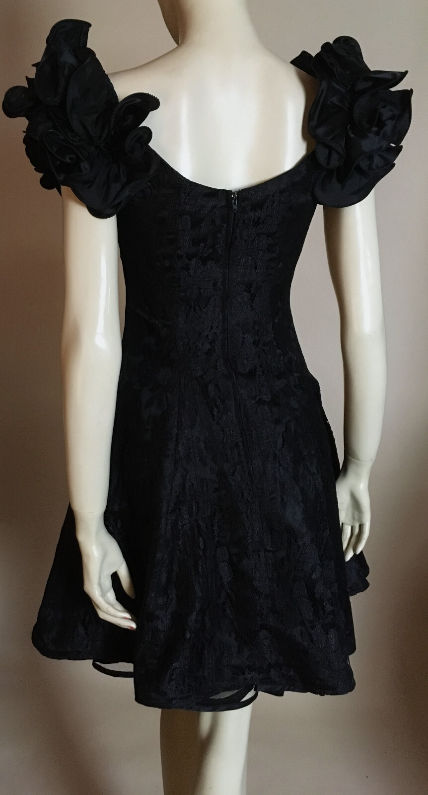 1980s 90sTrue Vintage Black Lace Ruffle Shoulder Beaded Party Prom Dress S 3-4