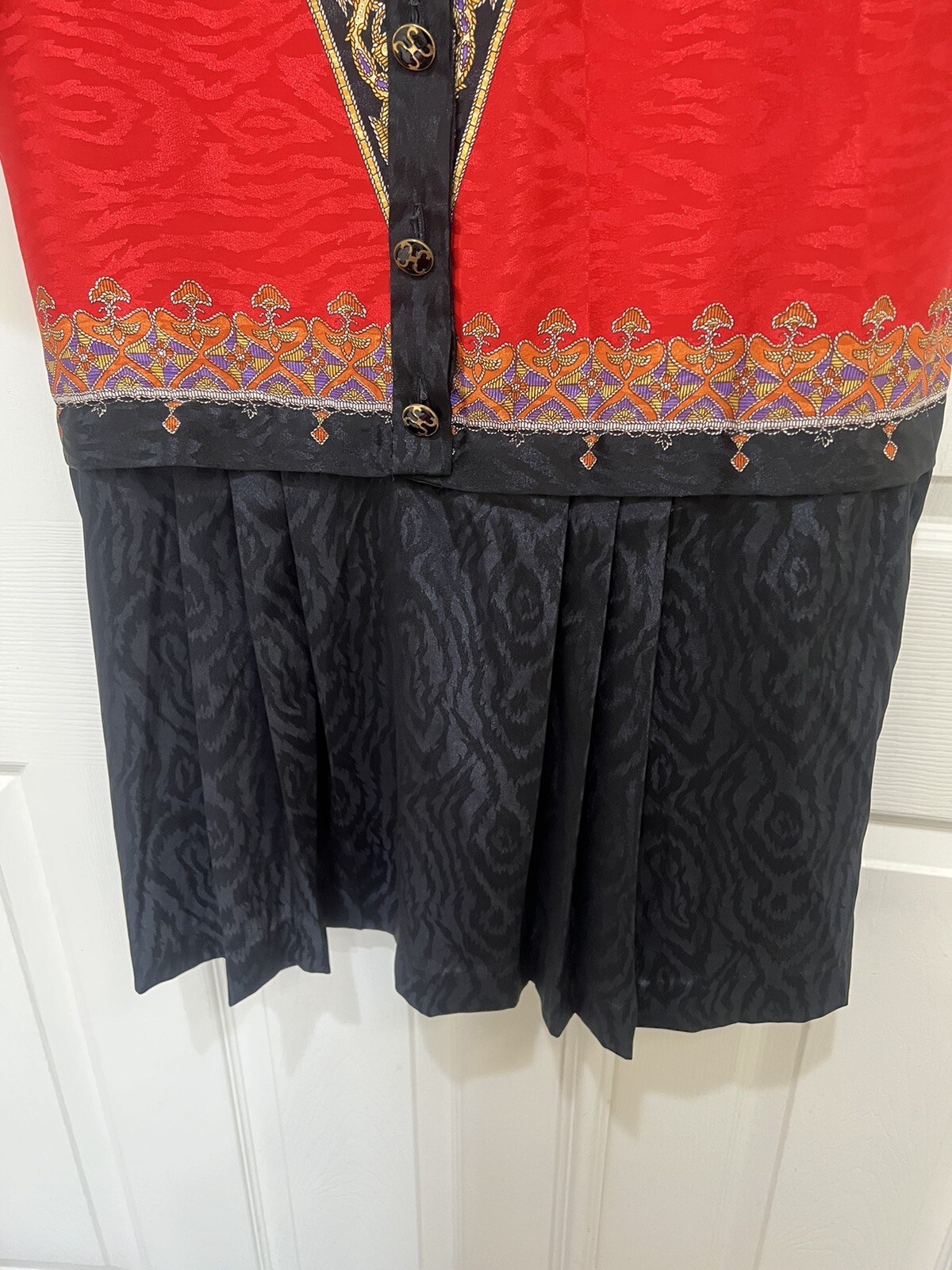 Vintage 80s Anthony Sicari Red Black Long Sleeves Scarf Dress 12 USA Made