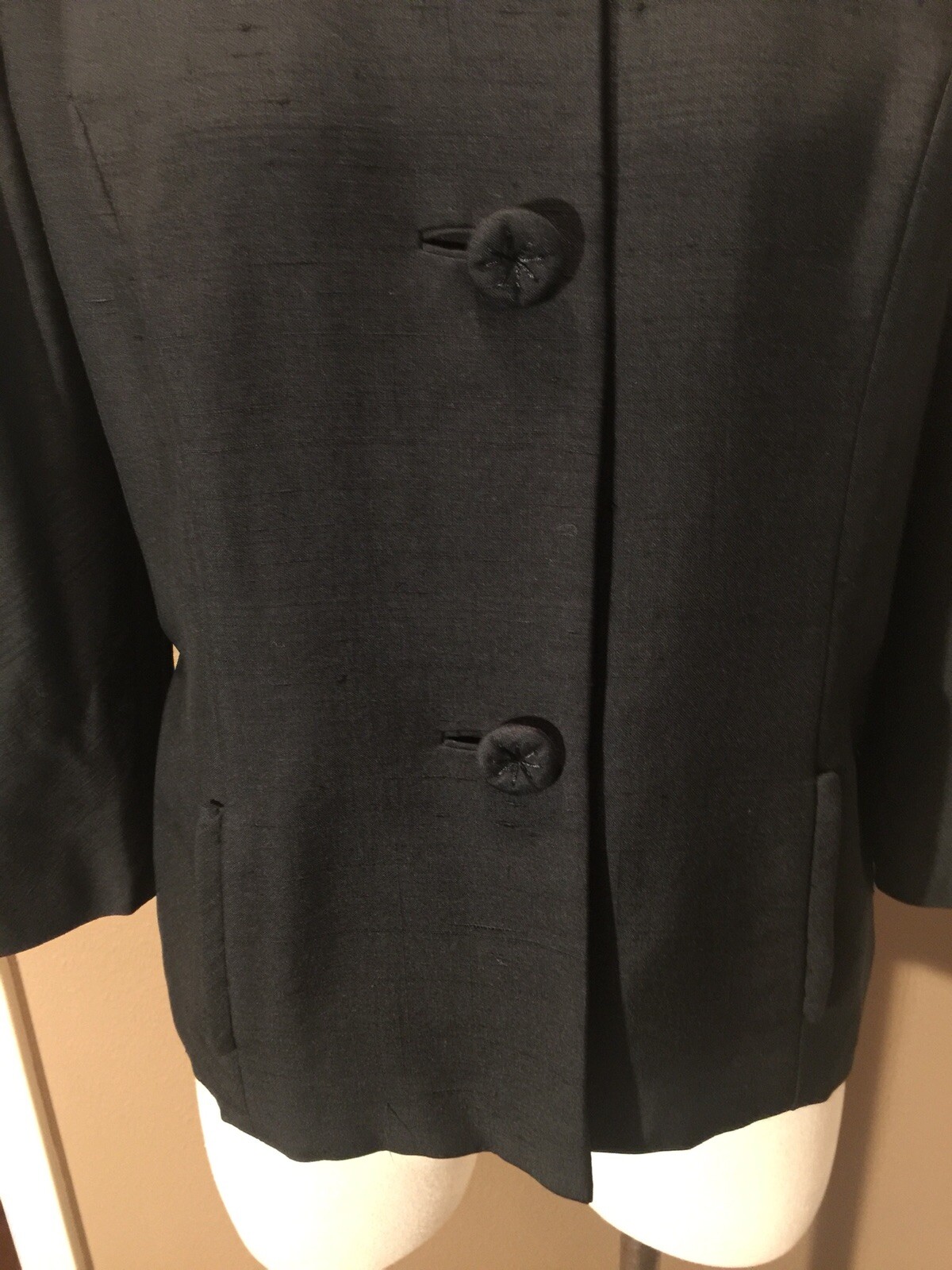Vintage Retro 10/12 L Black Collarless Jacket W 3/4 Sleeves & Pockets
