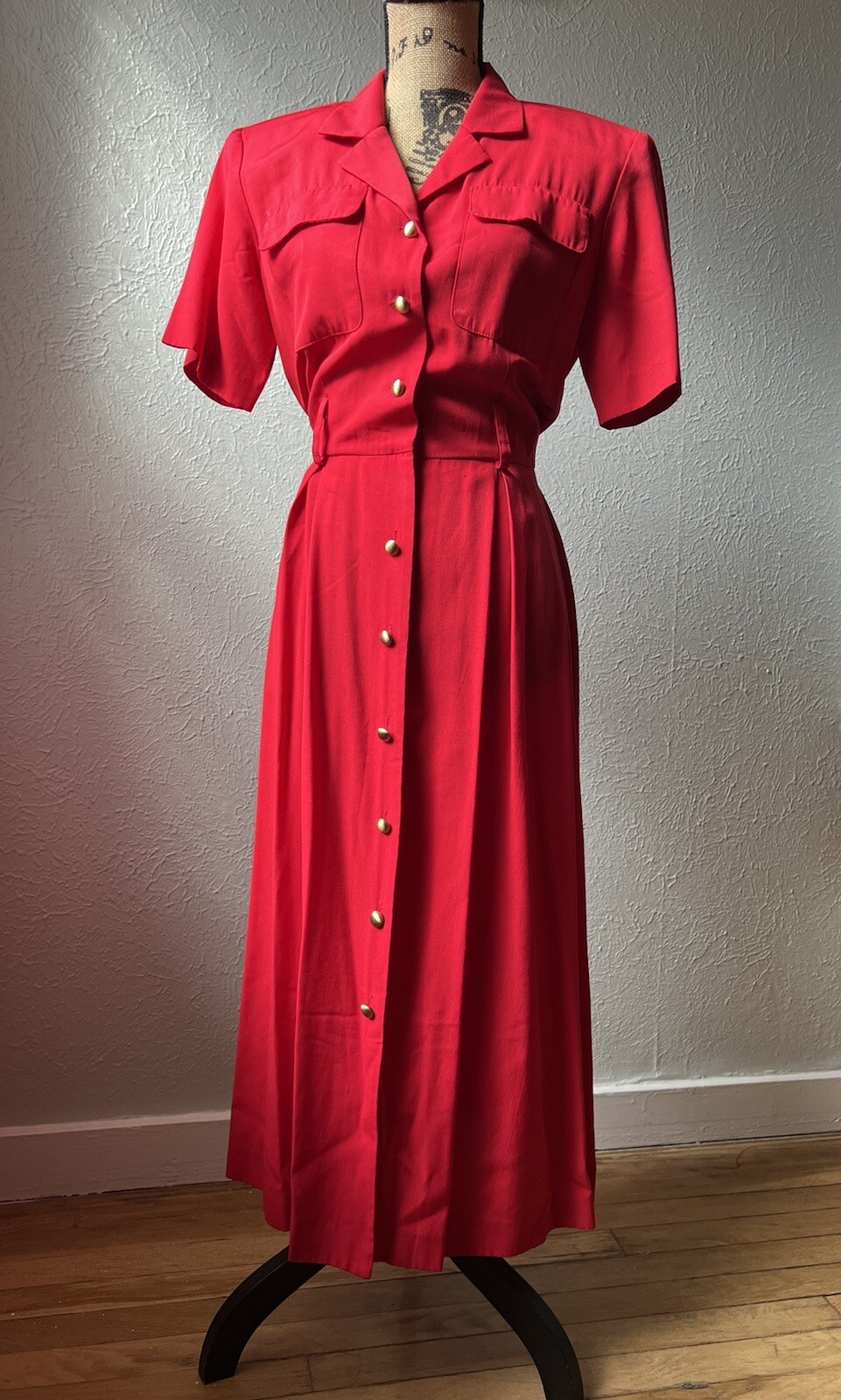 1980s Lipstick Red Button-Up Shirt Dress S M 80s Stranger Things Secretary Retro