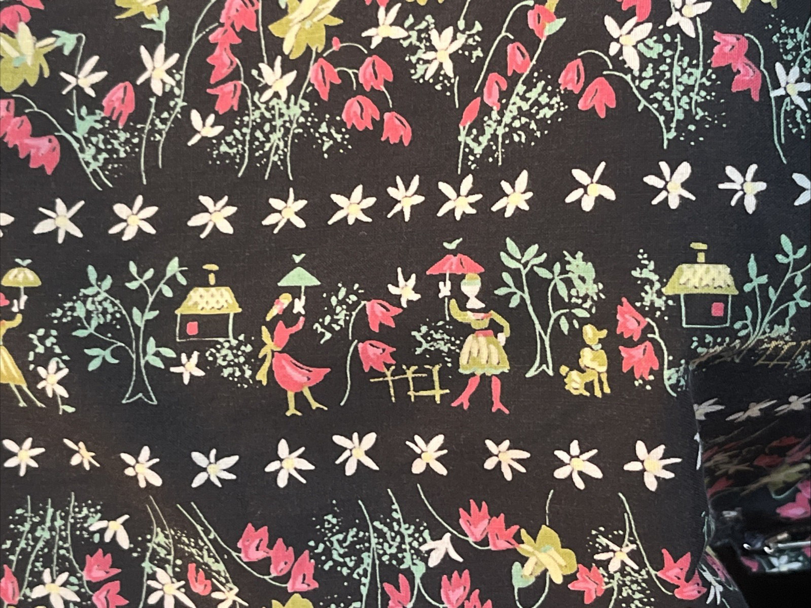 Vtg. 1950’s Full Day Dress Belted Pleated Skirt Novelty Folk Floral Print Sz S