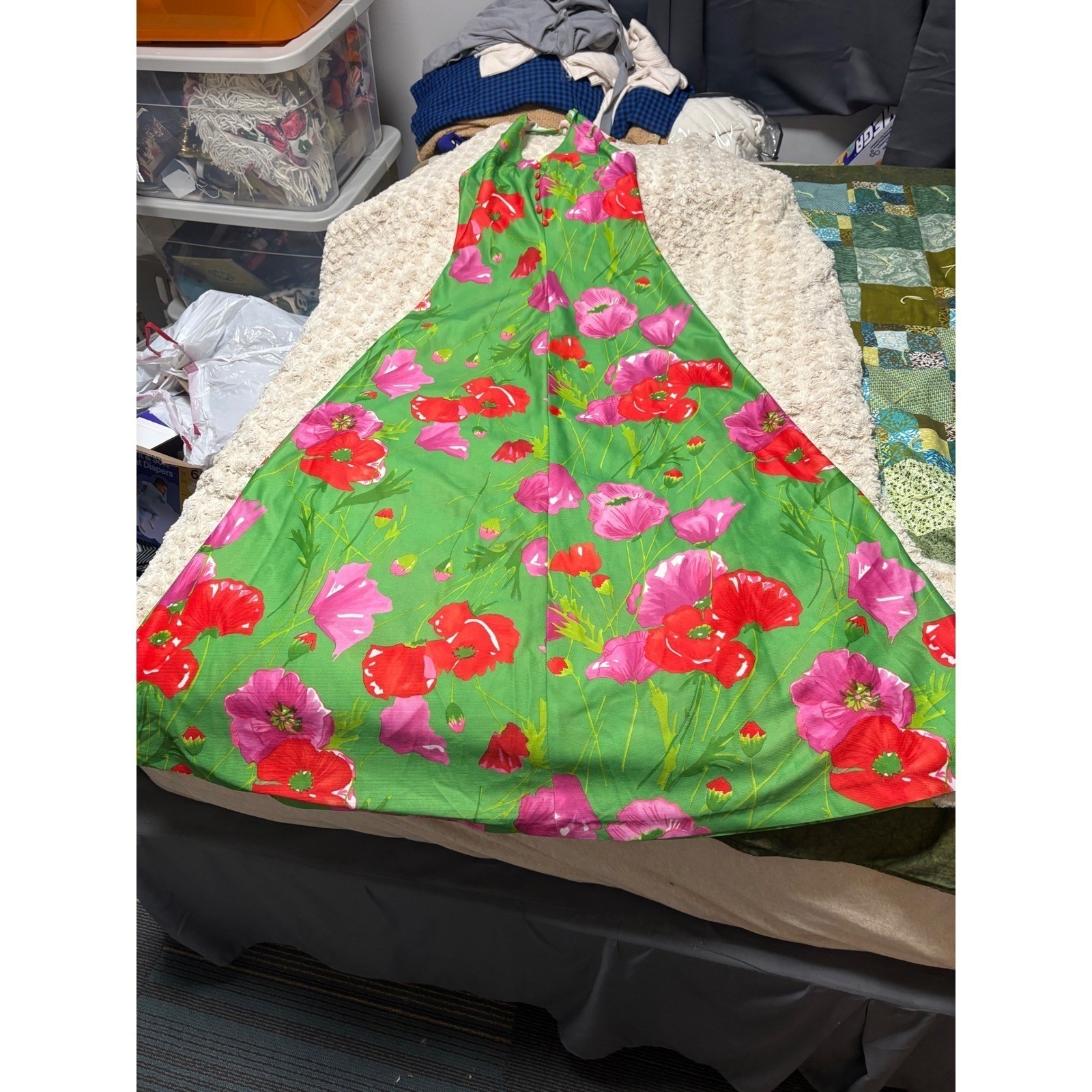Vintage Aldens Fashions Maxi Dress Green Floral Halter Dress 70s Style Party grn