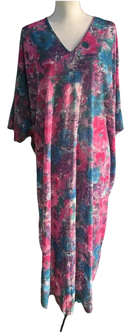 Caftan Lounge Dress Batwing Floral Plus Size Pink Blue Made USA Vintage