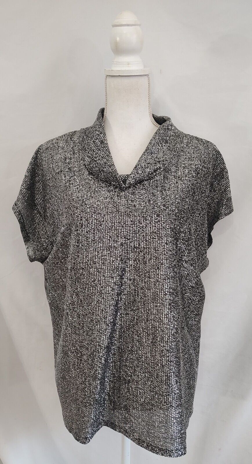 70’s Vintage Top Disco Sparkle and Shine Silver Cowl Neck Short Sleeve Blouse
