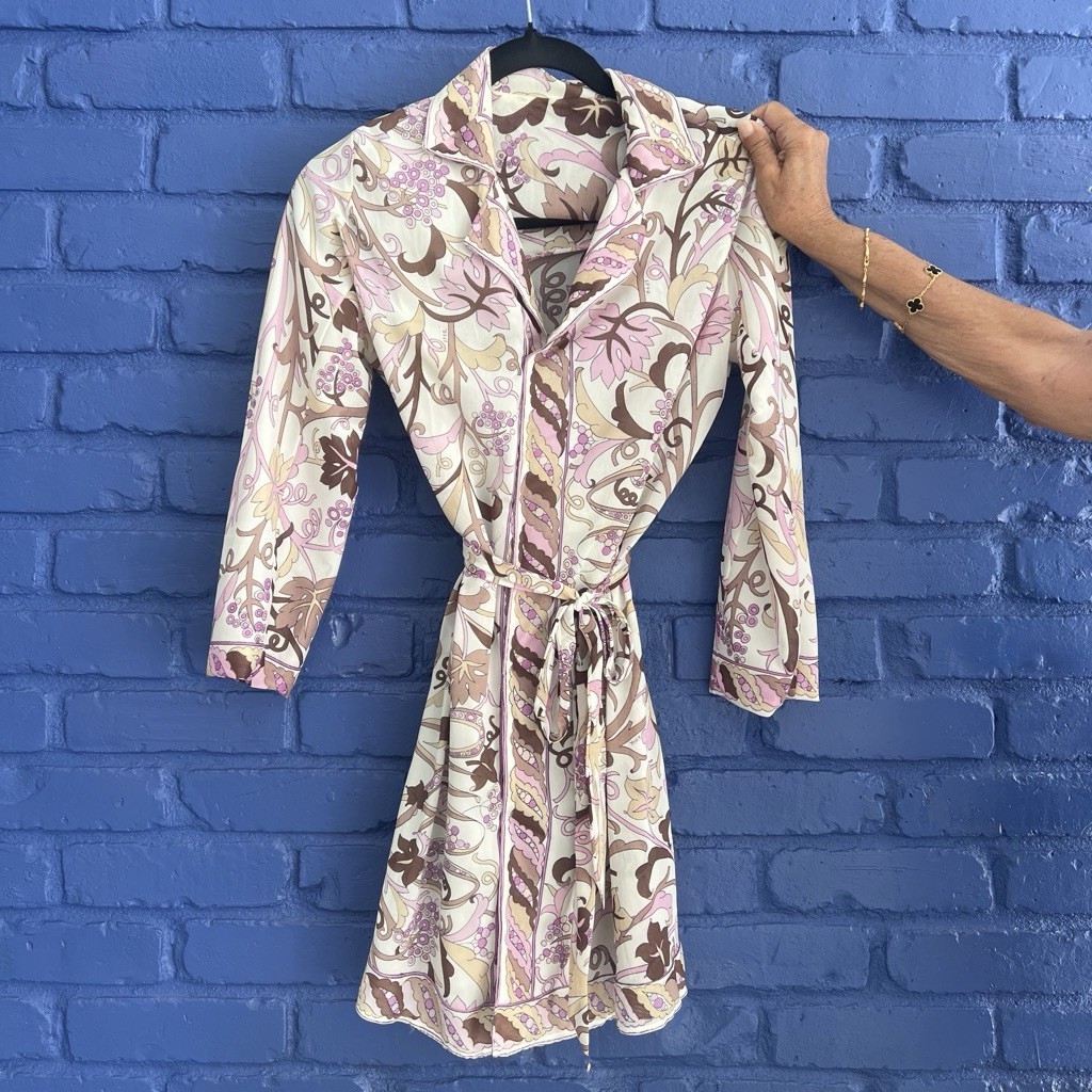 Emilio Pucci For Formit Rogers Pink & Brown Floral Belted Robe Top Dress Fits S