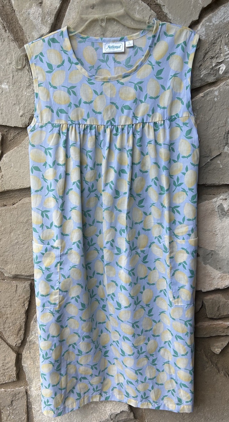 Vintage NATIONAL House Dress Robe Duster Large Blue Yellow Lemon Print EC