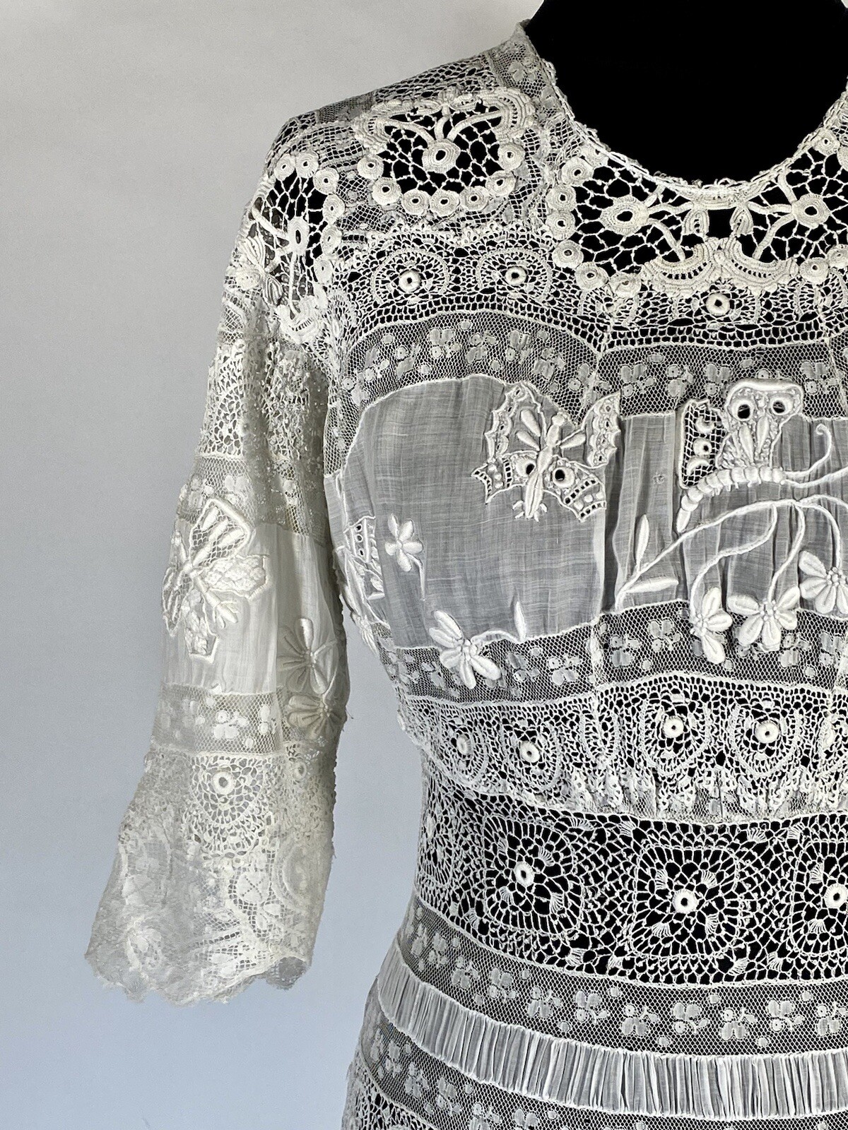 Antique late Victorian-Edwardian intricate pieced lace sheer wedding gown dress