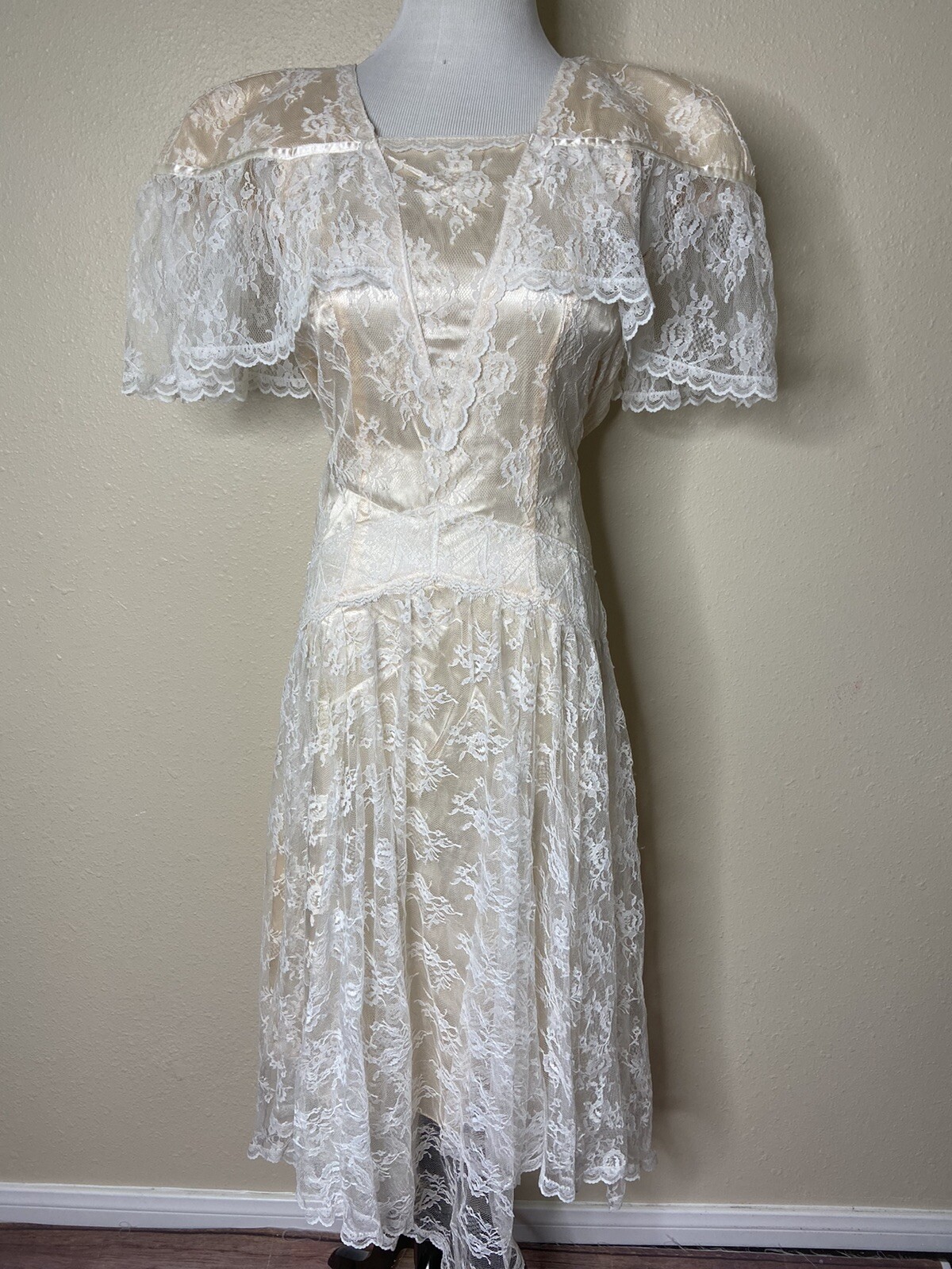 Jessica McClintock Gunne Sax Champagne White Lace Drop Waist Sz 5 Cottagecore