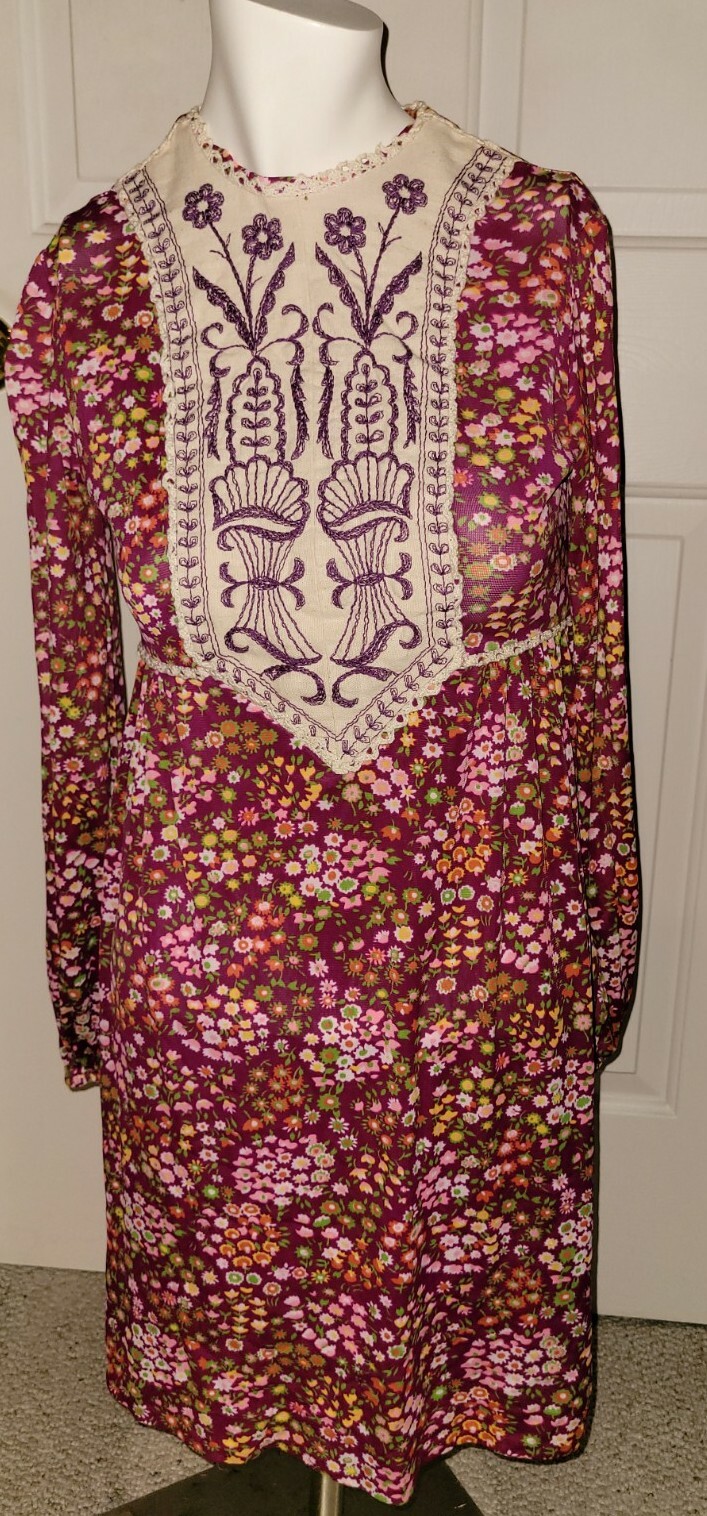 Vtg. 60s 70s floral Long Sleeve Mod Dress Trim Boho Small XS embroidered WOW!