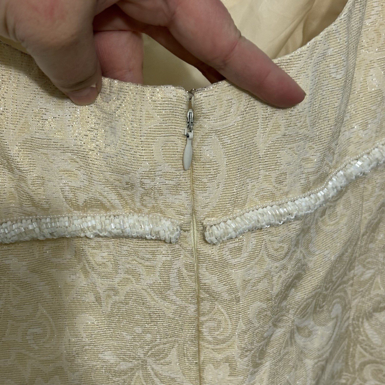 Vintage Badgley Mishka 90’s Y2K Cocktail Dress Cream White Gold Brocade Size 6