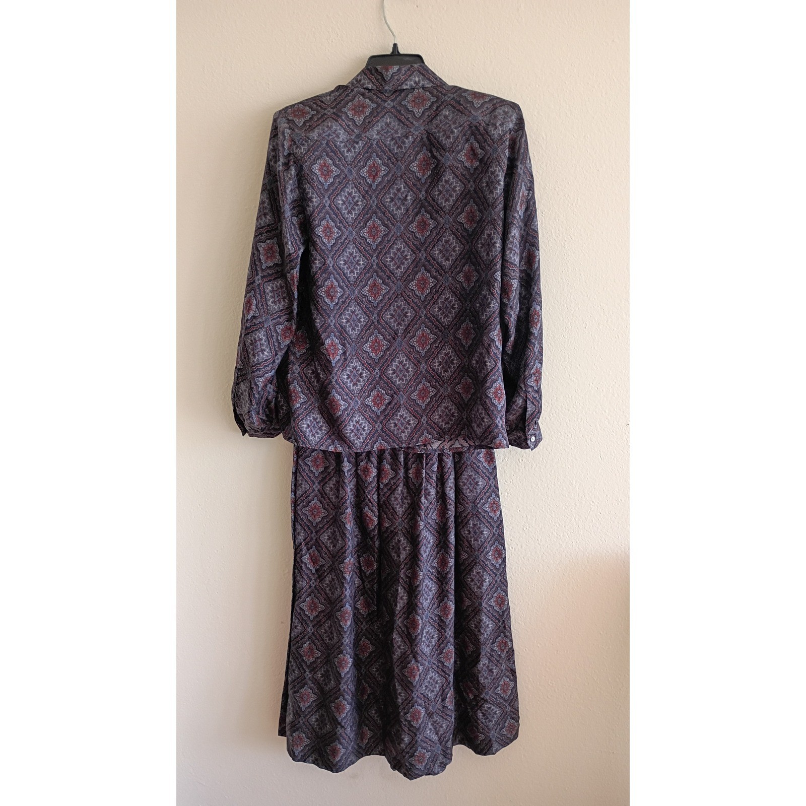 Vintage Silk Studio Claude Bennett Paisley Silk Skirt Blouse Set Navy Blue 8