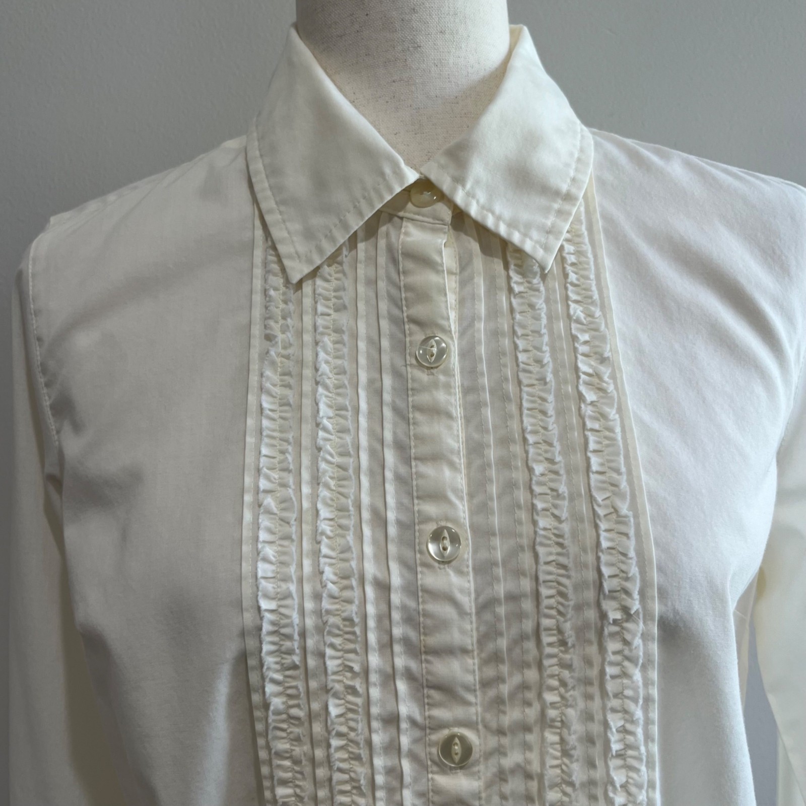 Button Up Vintage 80s Cream Blouse Womens M Tuxedo Front