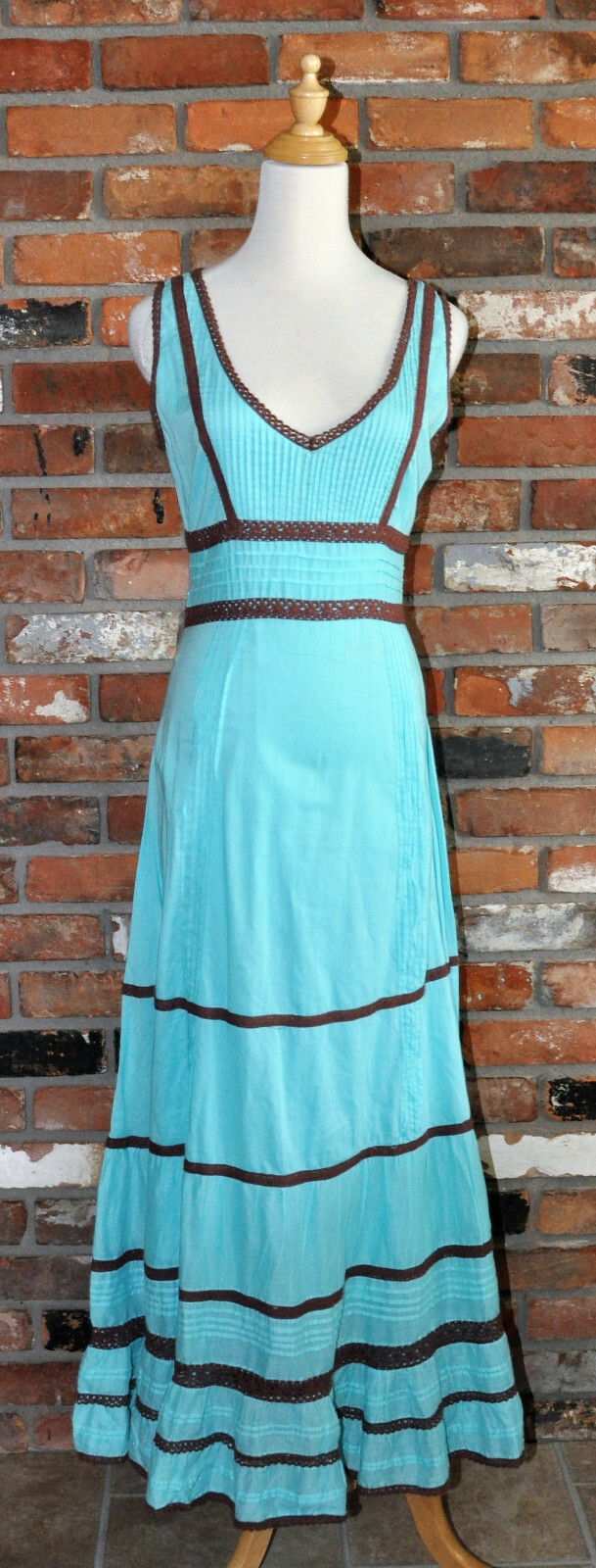 Vintage An Indian Summer Ruffle Blue Cotton Pintuck Prairie Boho LONG Maxi DRESS
