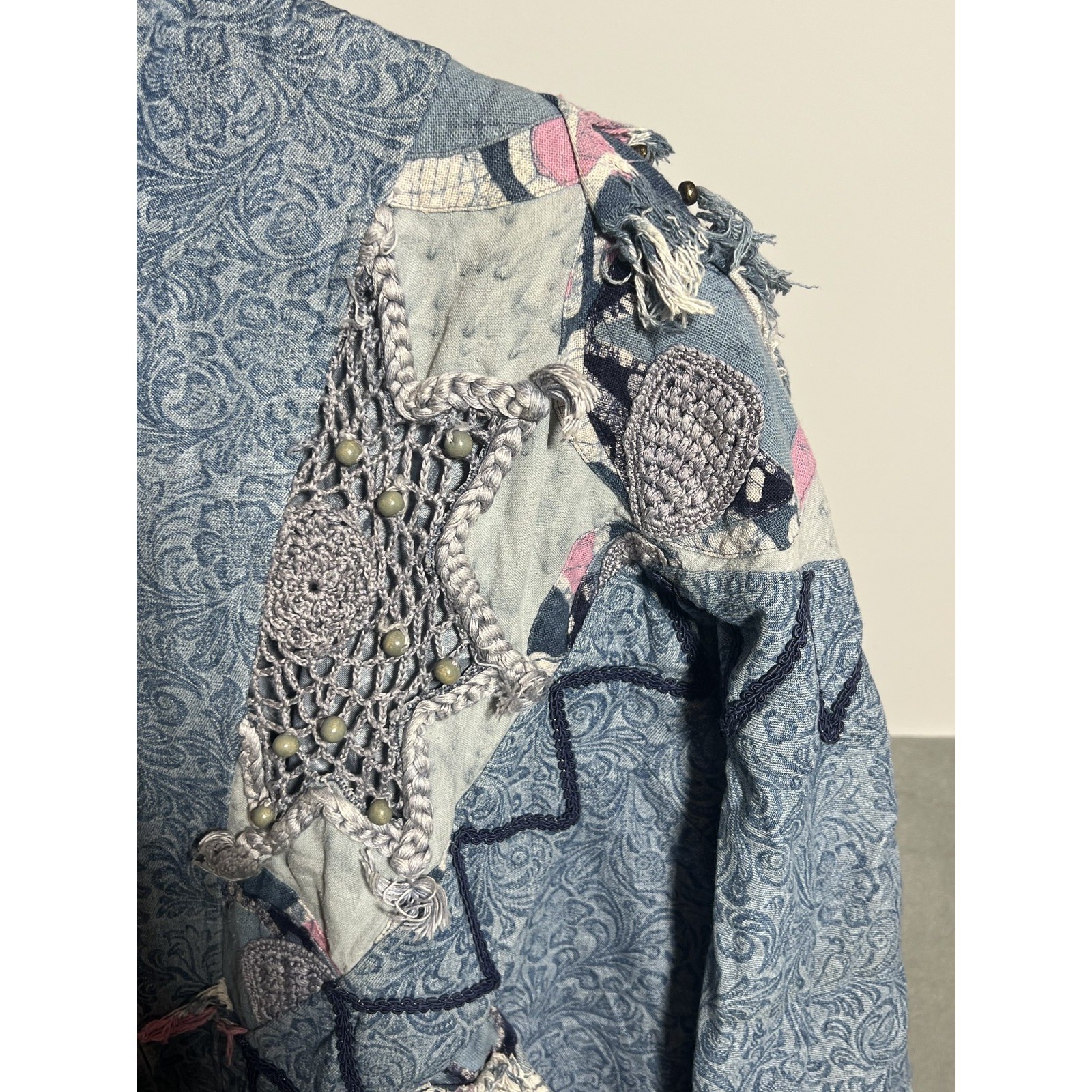 Vintage LIM’S Women’s Bomber Jacket 80s Denim Patchwork Embellished Art-to-Wear