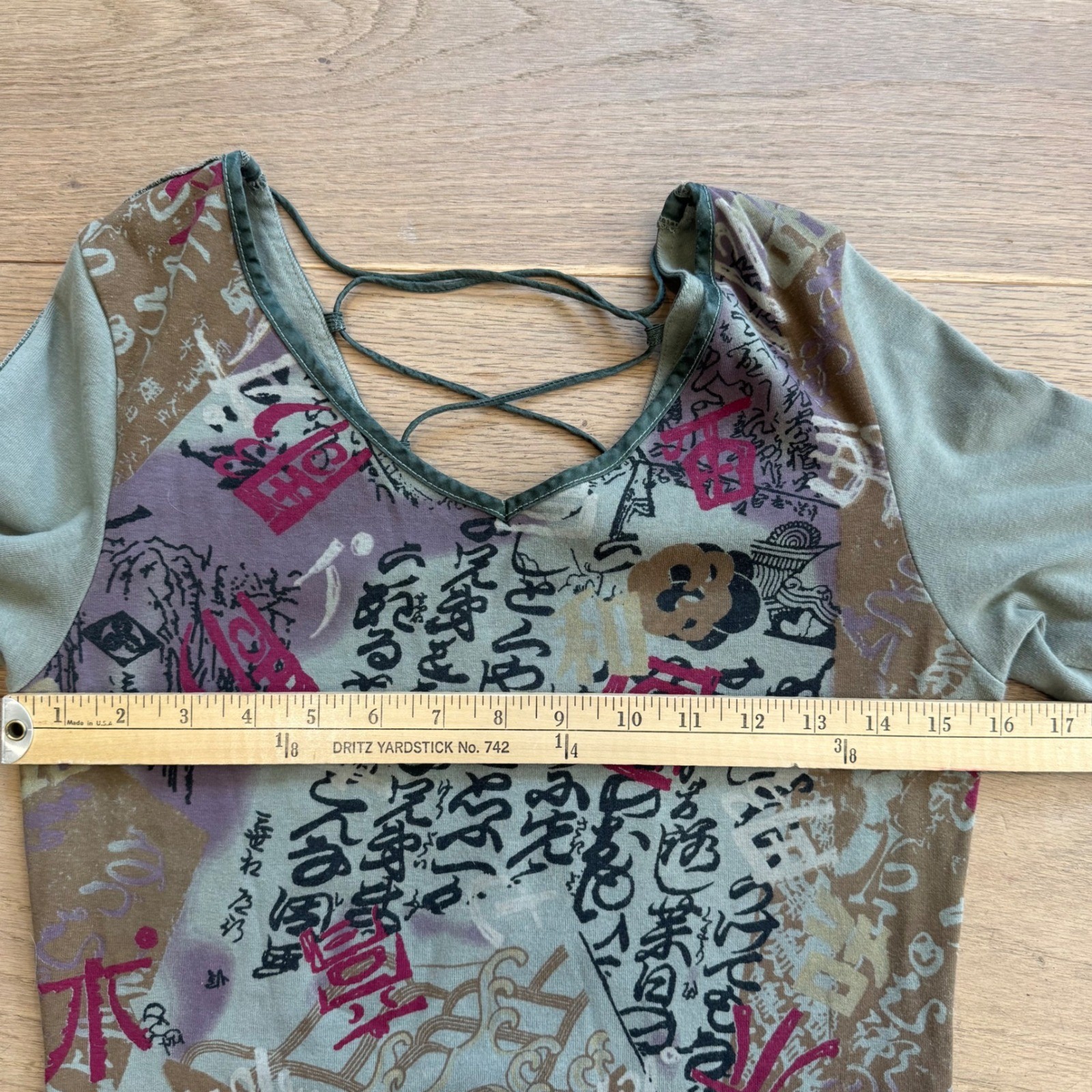 City Lights Vintage Graphic Lace Up Back Top Sage Green Large
