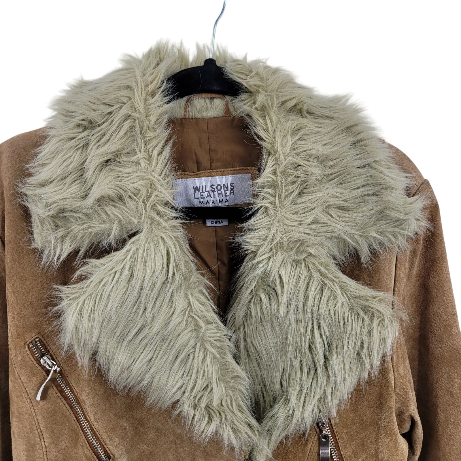 Vintage 80’s Wilson’s Leather Jacket Tan L Belted Faux Fur Trim Snow Bunny