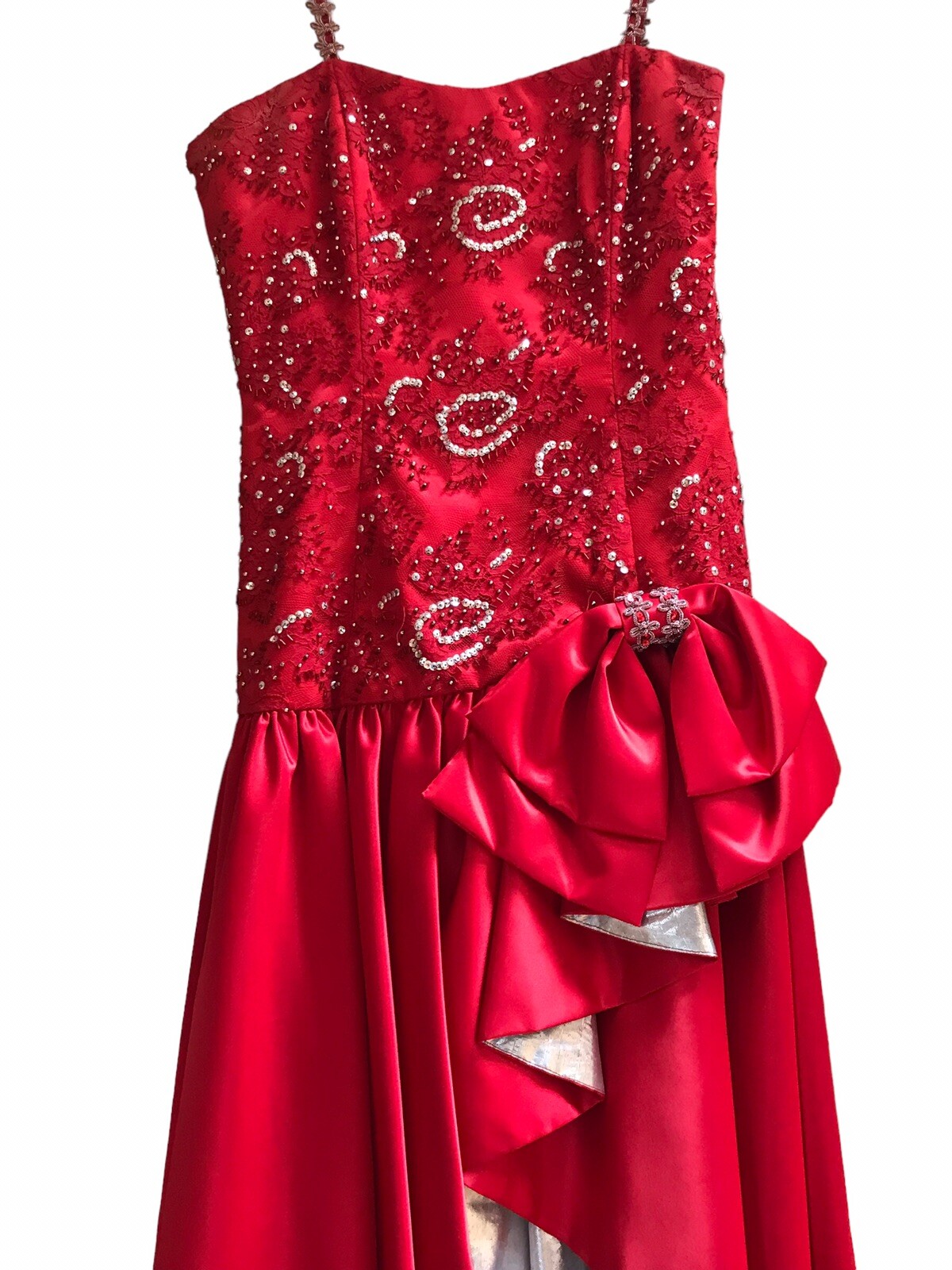 Vintage 90s Custom Handmade Red Satin Prom Evening Dress With Beads Sequin