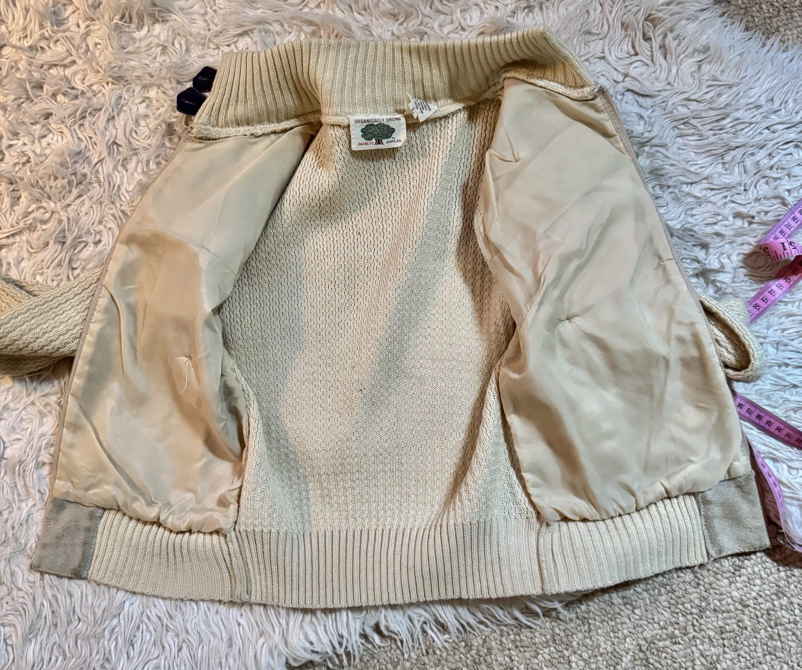 Vtg Suede Leather Acrylic Sweater Jacket Arpeja Taiwan Organically Grown Beige S