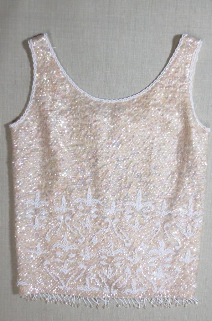 Vtg Hong Kong Wool Lined Sparkle Sequins Cream Shell Dangly Fringe Size Medium