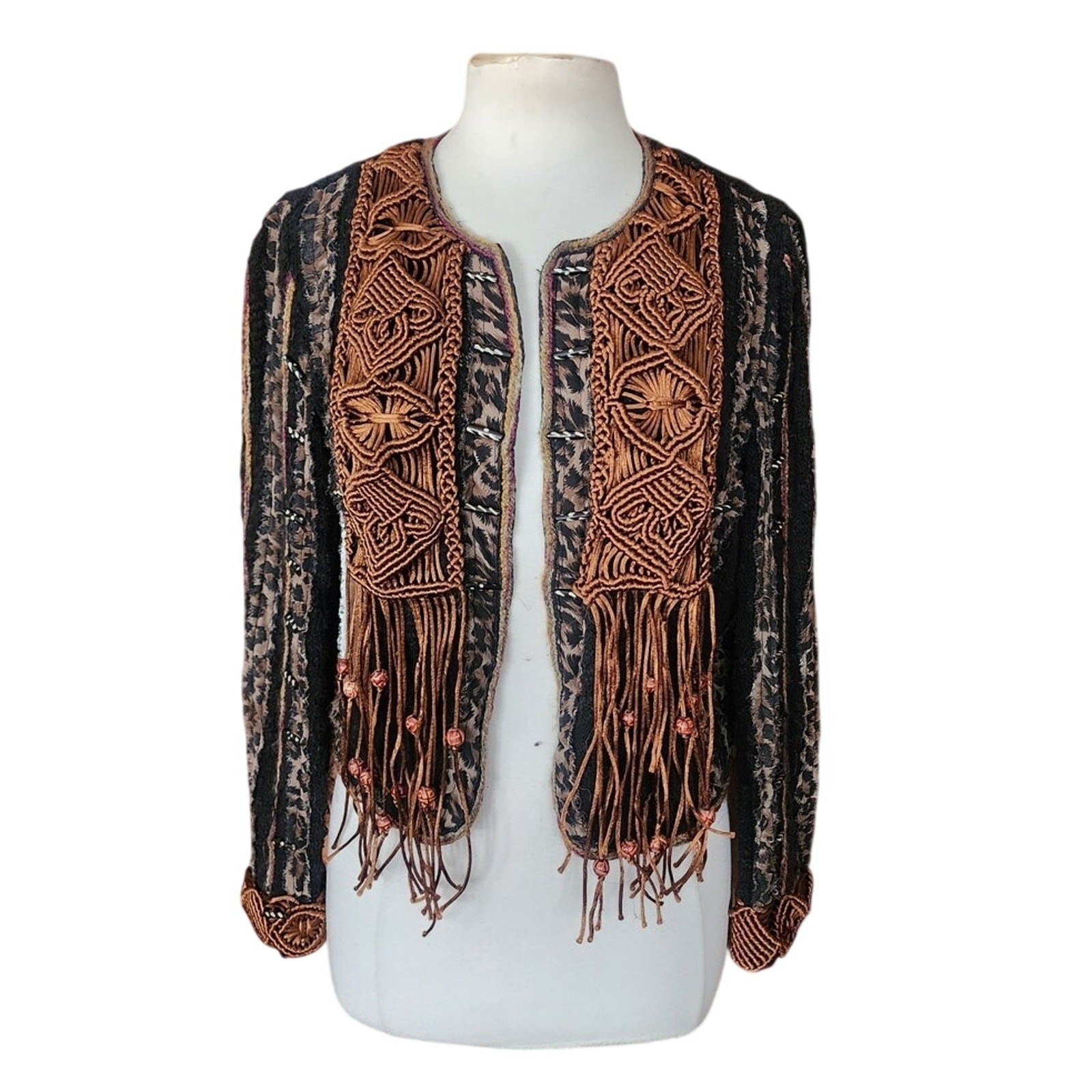 VTG 1990s Sandy Starkman Bohemian Crochet Embellished Fringe Jacket Art to Wear