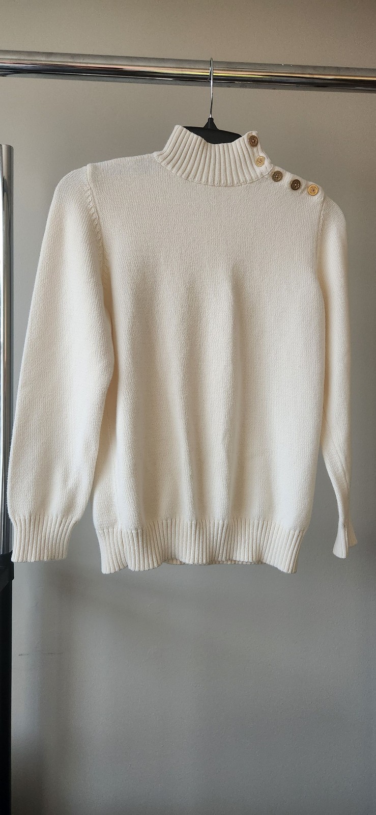 Liz Claiborne Size Petite Mock Neck Sweater Cream Gold Button Pullover PL