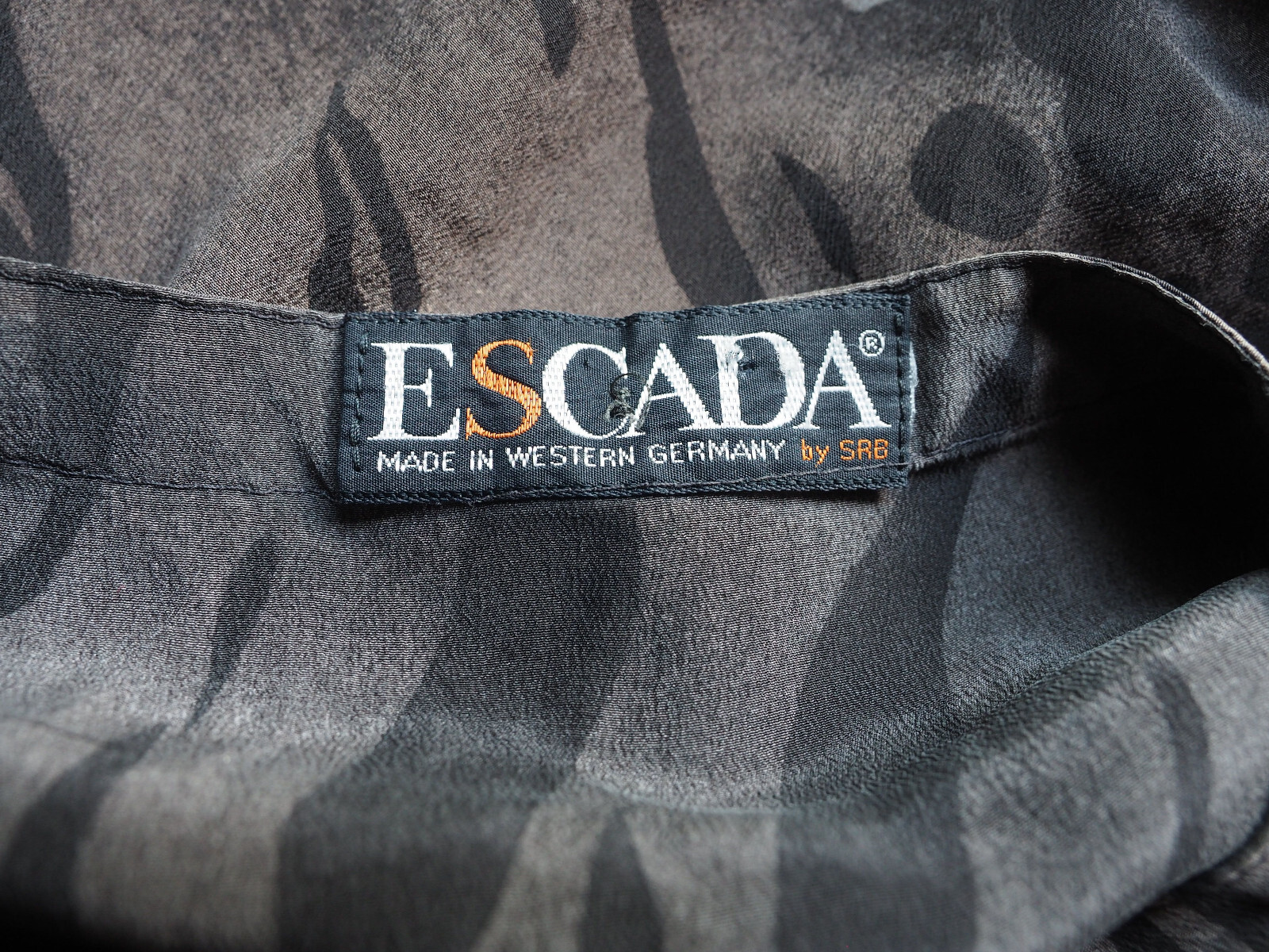Vintage Escada West Germany Silk Blouse Animal Print Leopard Tiger Gray Beige