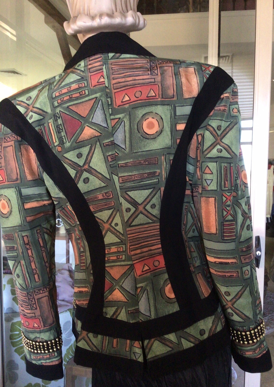 Vtg 80s Green Geometric Print Asymmetric Wasp Waist Gold Stud Peplum Jacket 10