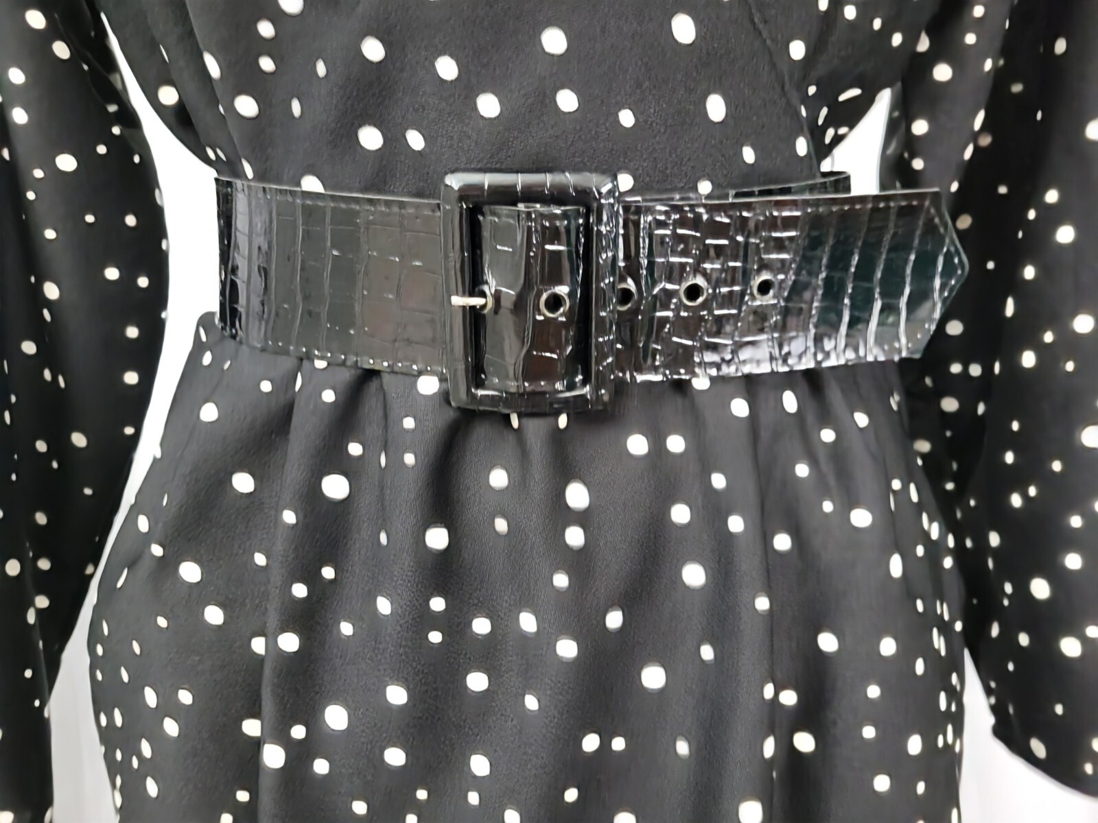 Vintage Sally Lou Black Wrap Dress w White Polka Dots & Belt Size 12