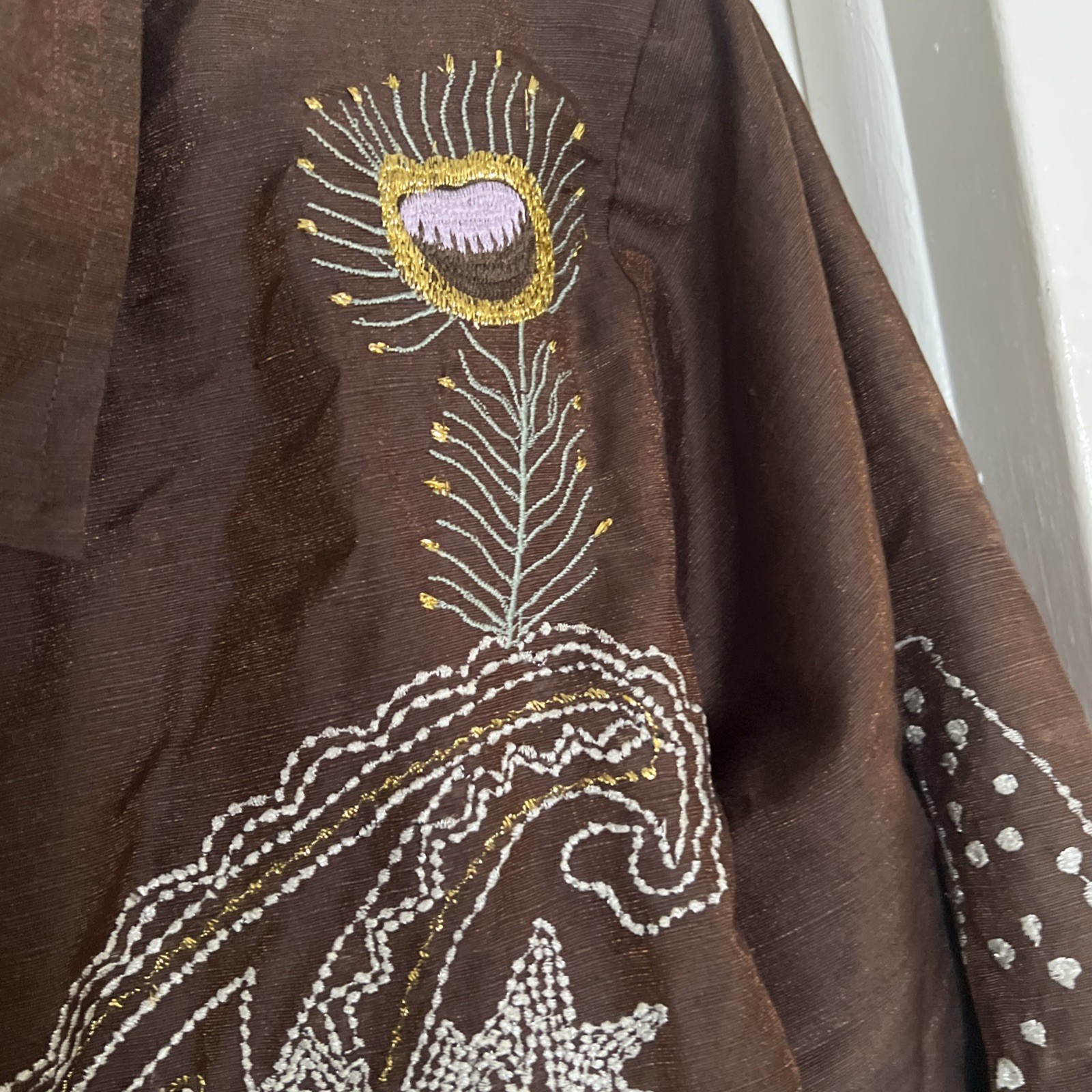 Indigo Moon Womens Blazer Size 1X Brown Button Front Beaded Embroidery Vintage