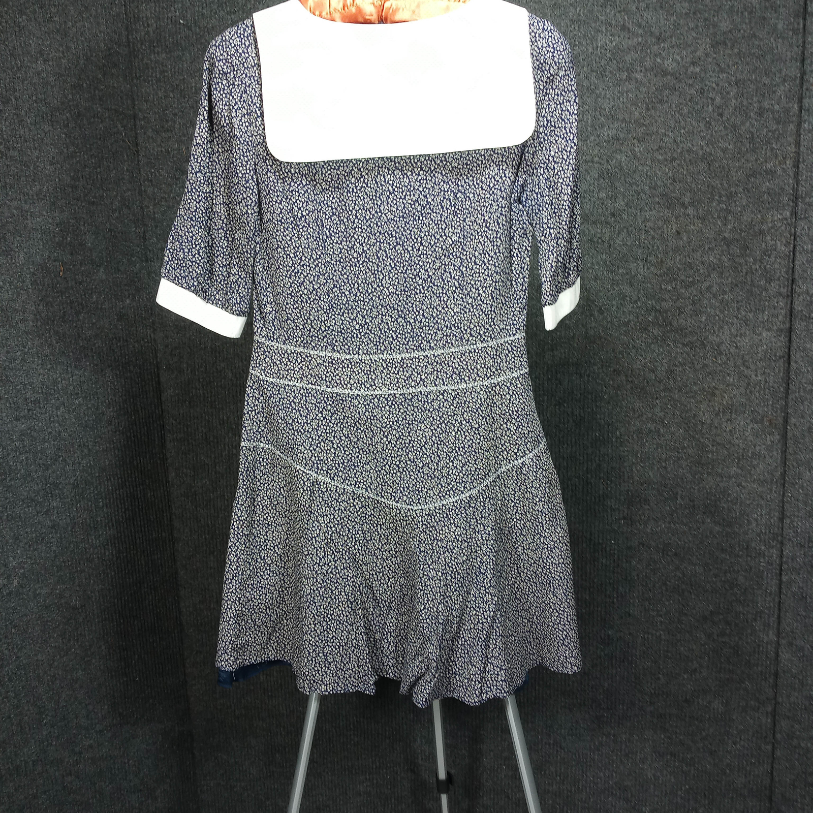 1960’s Navy and White Floral Rayon Short Dress with Large Collar Made in Finland