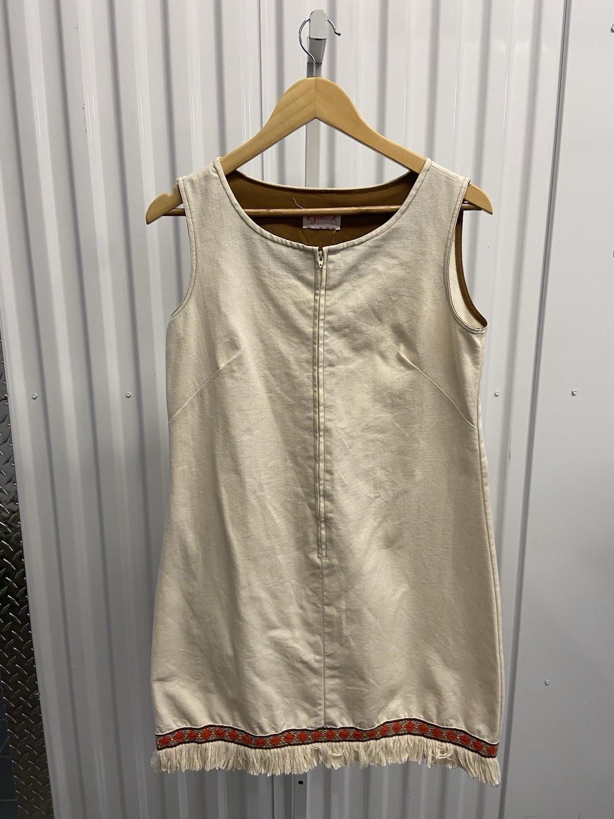 VTG 60s/70s Gilead White Beige Linen Embroidered Fringe Dress Shift Dress Sz M