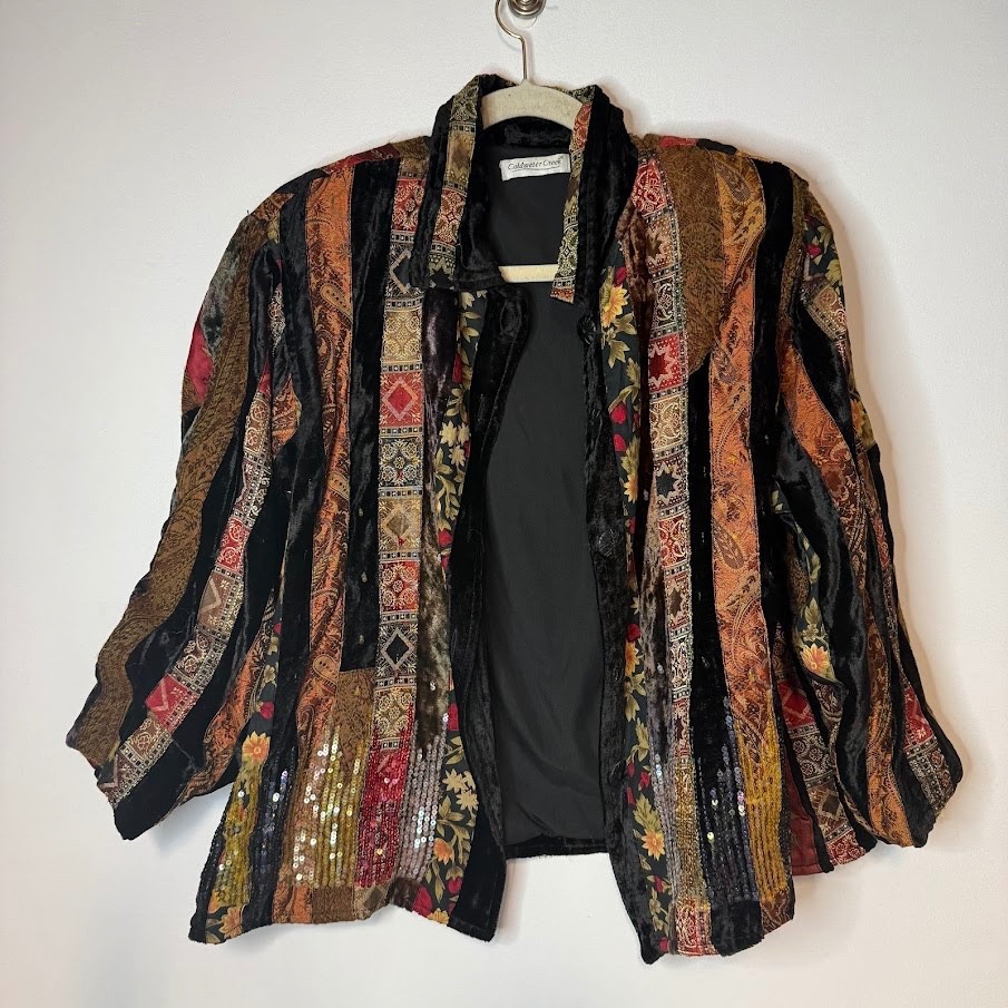Vintage 90s Coldwater Creek Boho Patchwork Velvet Jacket Artsy Baroque Sequin