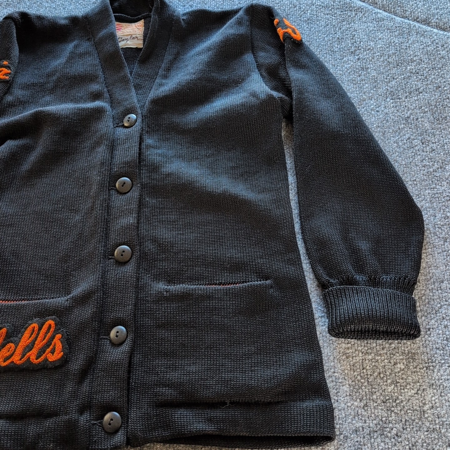 Vintage Varsity Letterman Sweater Black Orange Gloria Wells NV Womens Med 50/60s