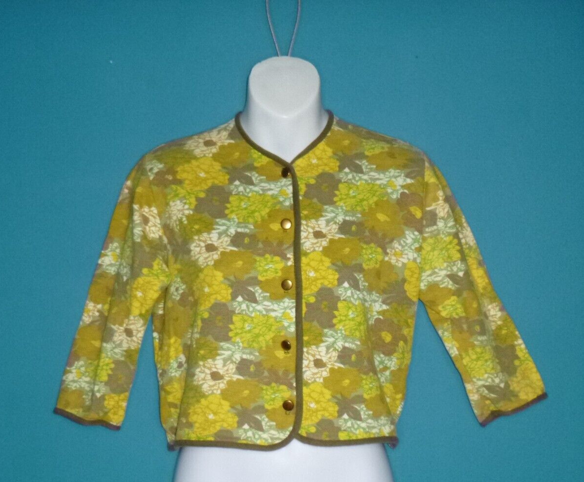 Vtg 60s Encore Fashions Cotton Pique Knit Cropped Jacket Yellow Floral Sz XS/S
