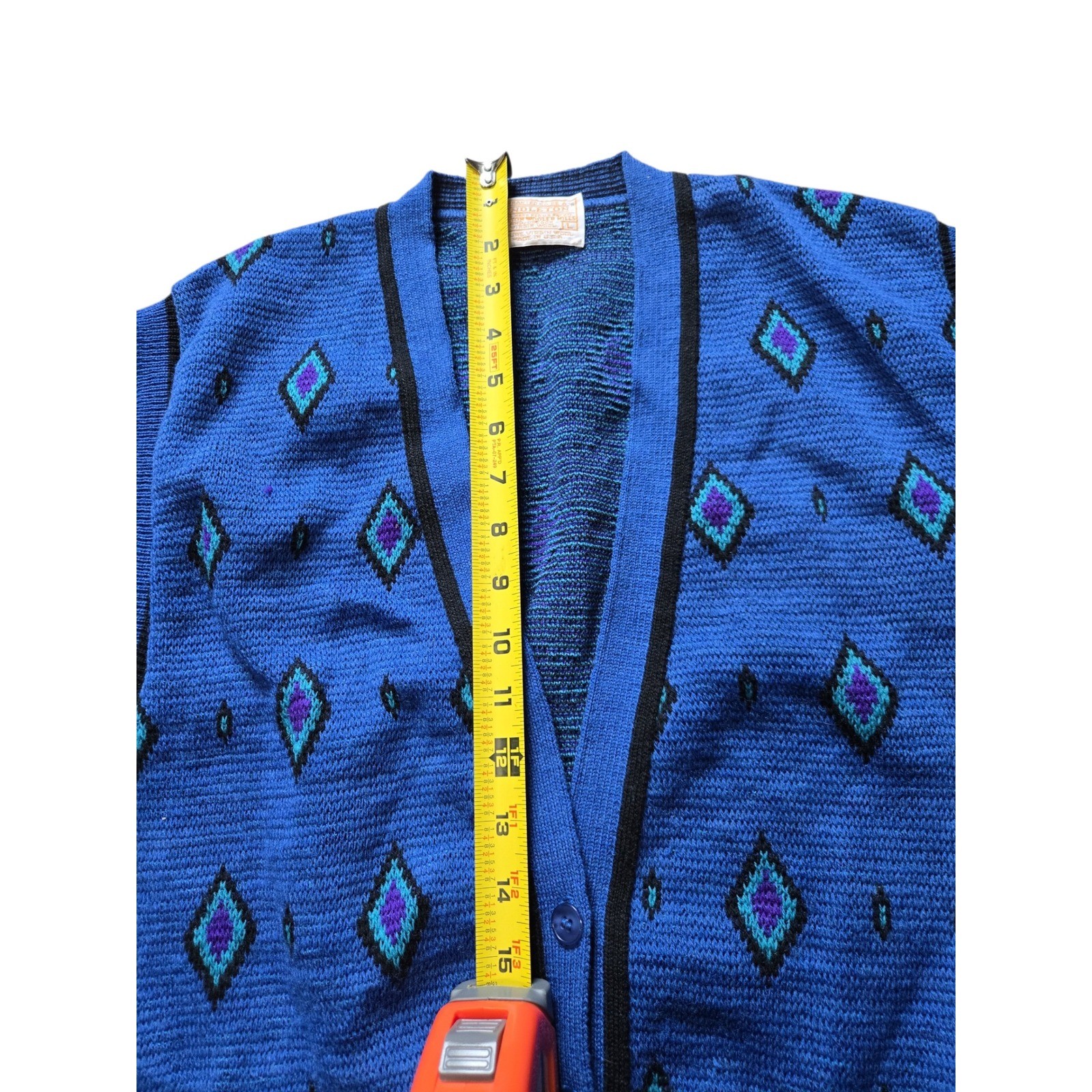 Vintage Pendleton Wool Knit Vest Blue Geometric Diamond Button Front Large USA