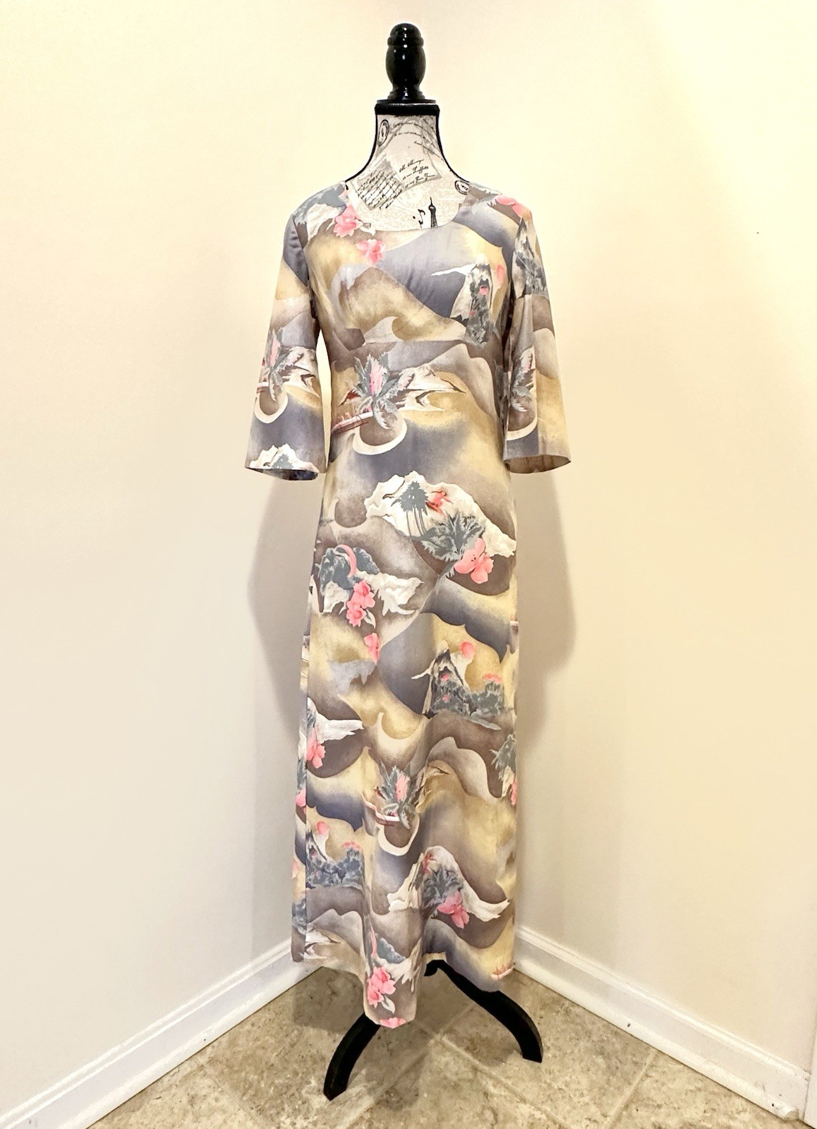 Vtg 60s Penneys Hawaii Floral Maxi Dress Pink Hibiscus Aloha Palms Tiki *Sz SM*