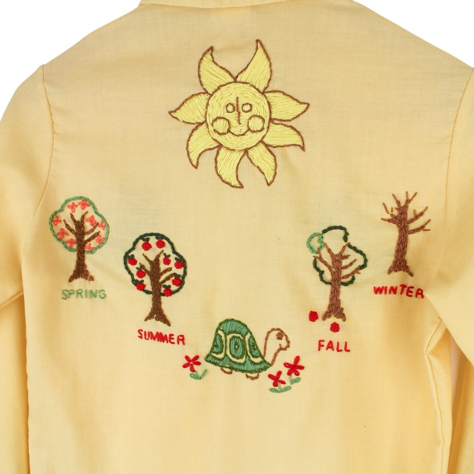 Vintage 70s Hand Embroidered Floral Owl Button Up Shirt Hippie Nature Size 14